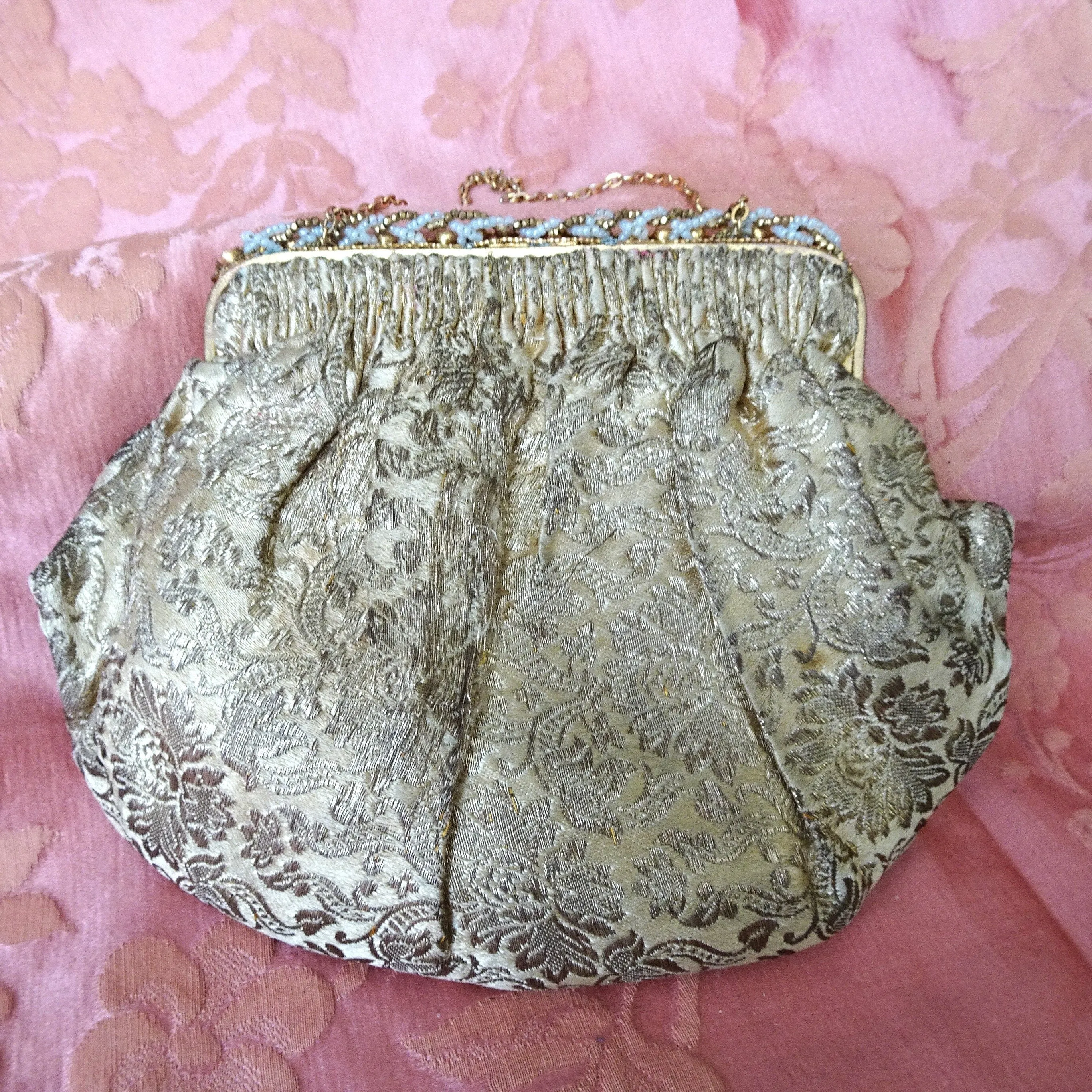 ART DECO 1920s FRENCH Brocade Purse Evening Bag,Gold Brocade and Metal Gold Flapper Era, Birks Bag, Collectible Antique Purses, Bridal Bag