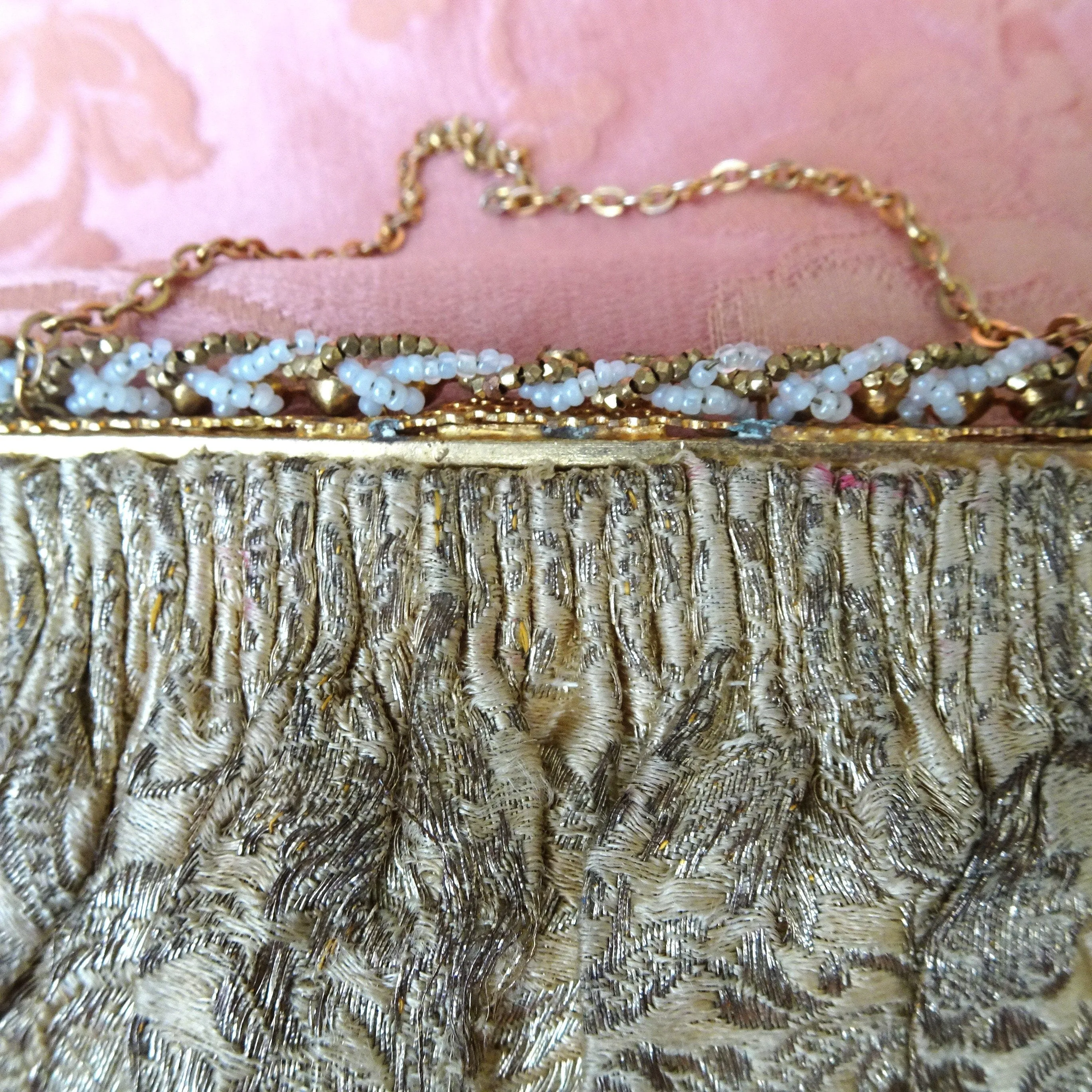 ART DECO 1920s FRENCH Brocade Purse Evening Bag,Gold Brocade and Metal Gold Flapper Era, Birks Bag, Collectible Antique Purses, Bridal Bag