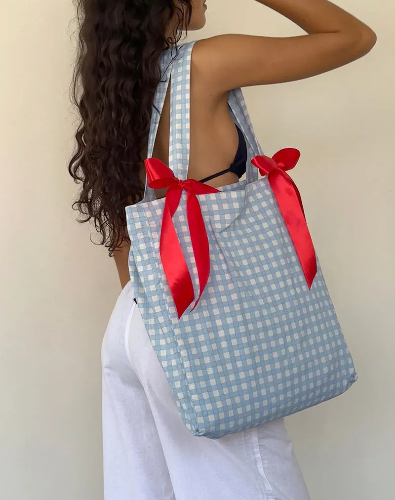 Barbara Tote Bag in Blue Gingham with Red Bow