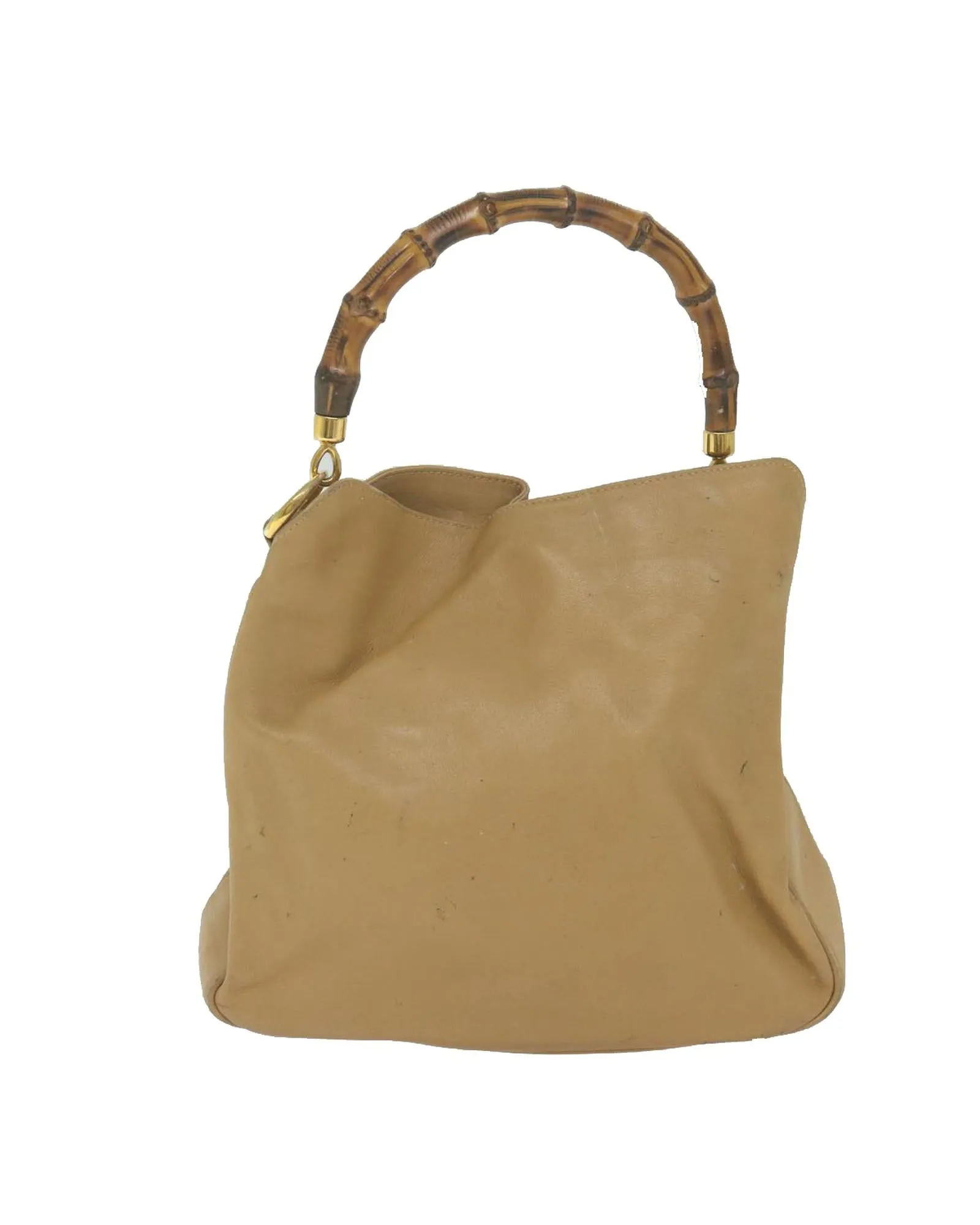 Beige Leather Shoulder Bag with Bamboo Detail by Italian Designer