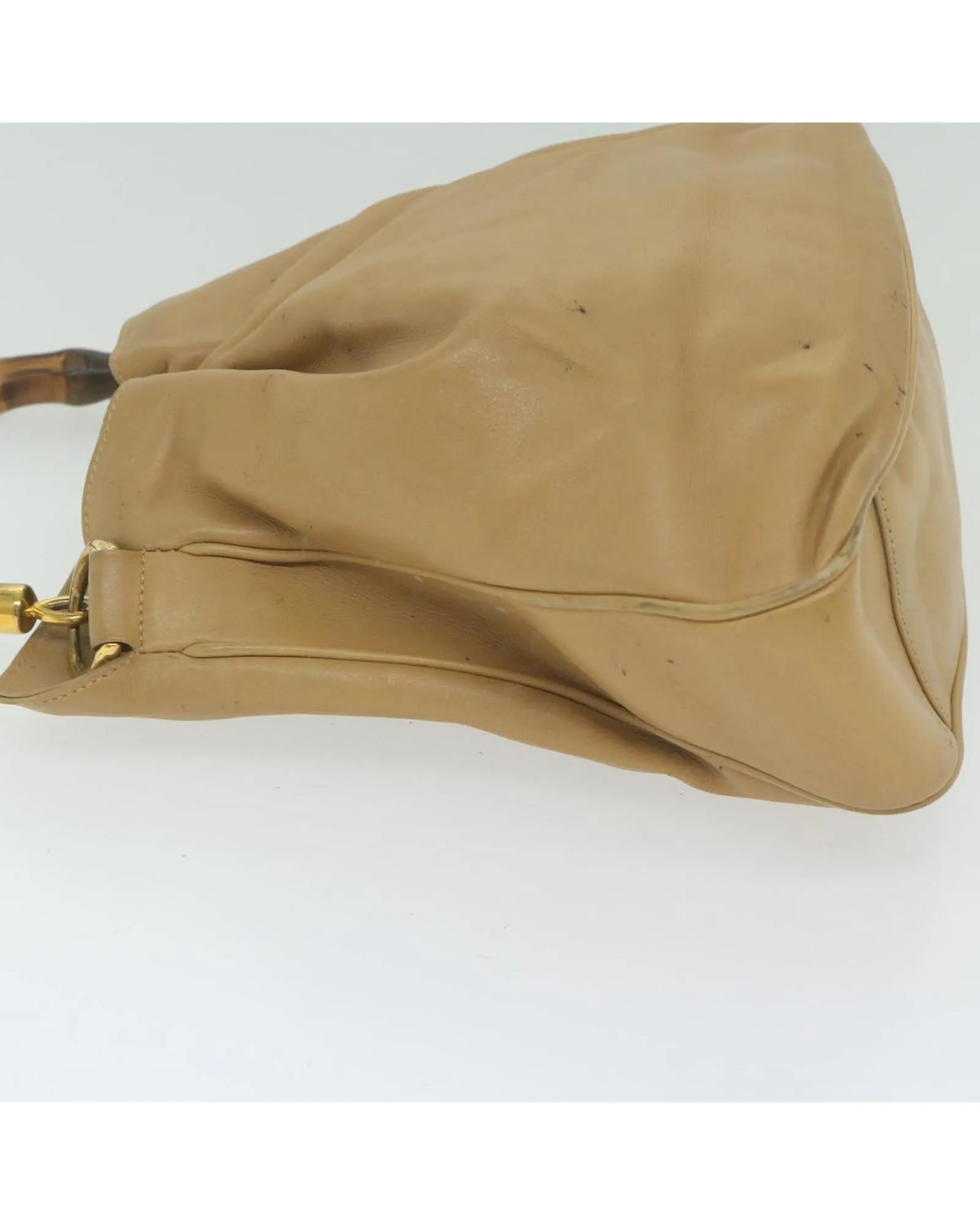 Beige Leather Shoulder Bag with Bamboo Detail by Italian Designer