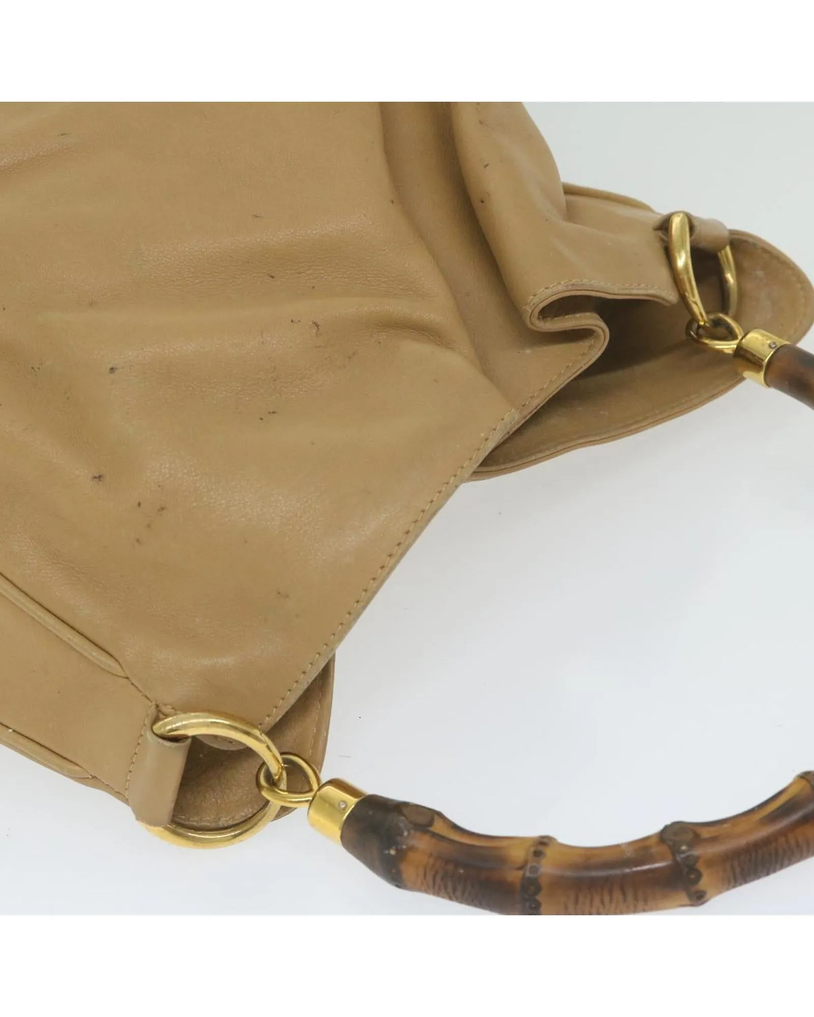 Beige Leather Shoulder Bag with Bamboo Detail by Italian Designer