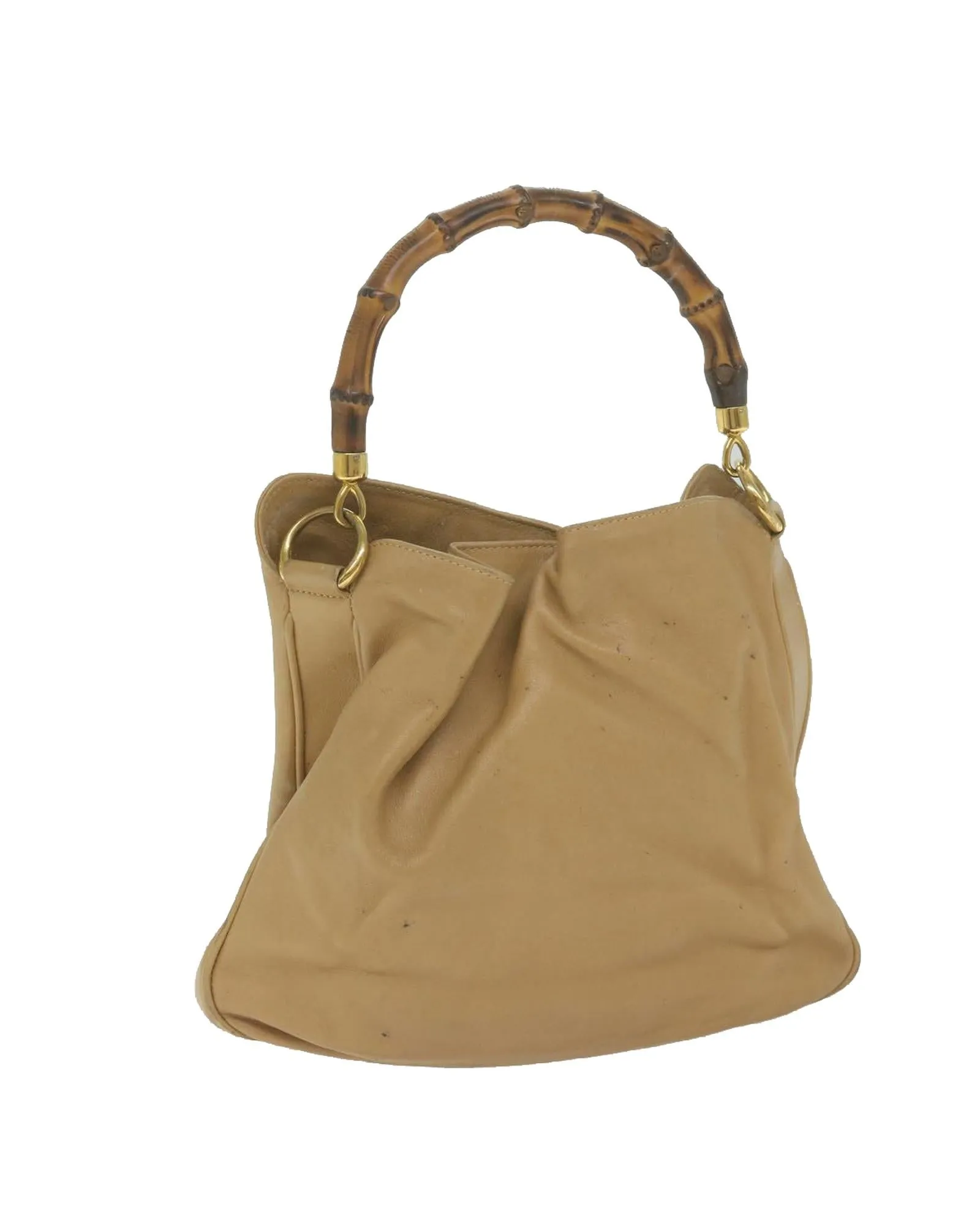 Beige Leather Shoulder Bag with Bamboo Detail by Italian Designer