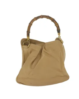 Beige Leather Shoulder Bag with Bamboo Detail by Italian Designer