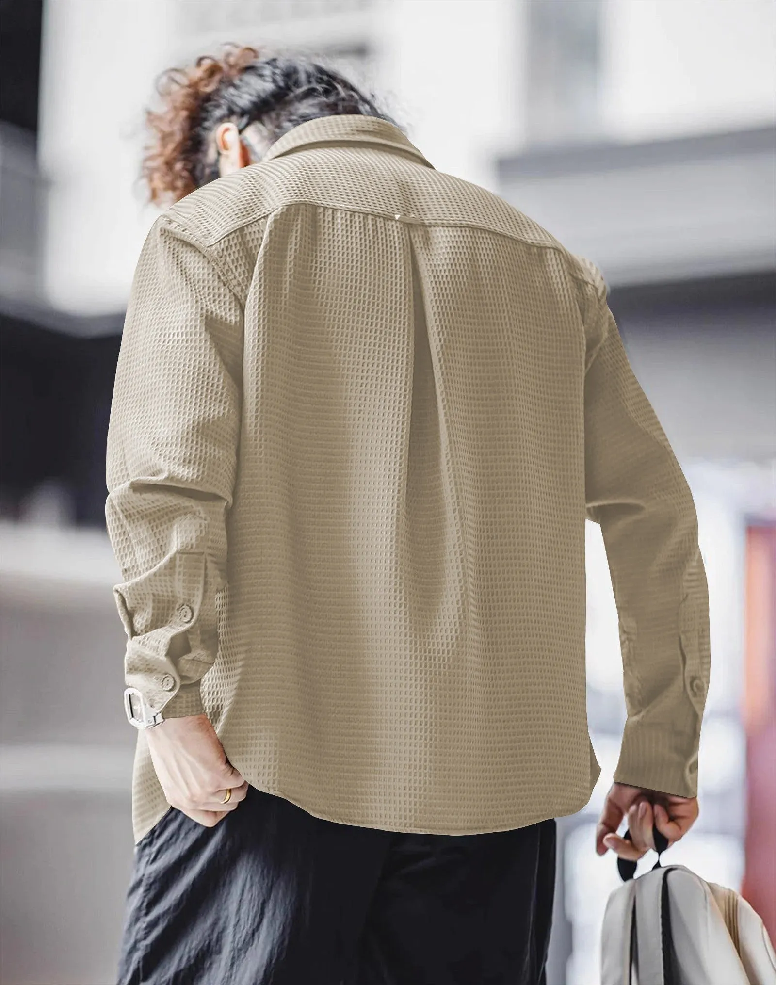 Beige  Long Sleeve Waffle Shirt