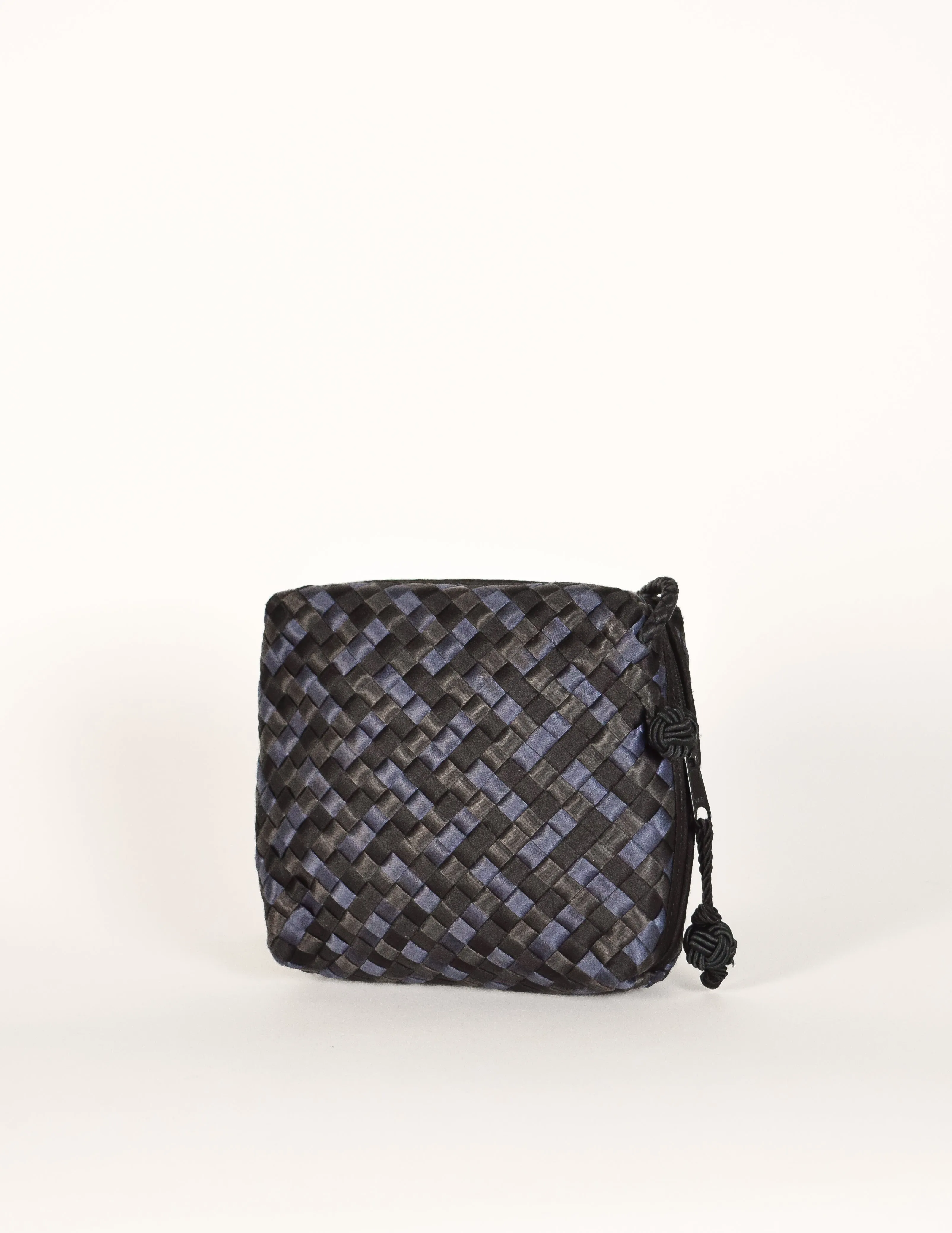 Bottega Veneta Vintage Black Blue Satin Woven Intrecciato Crossbody Mini Bag