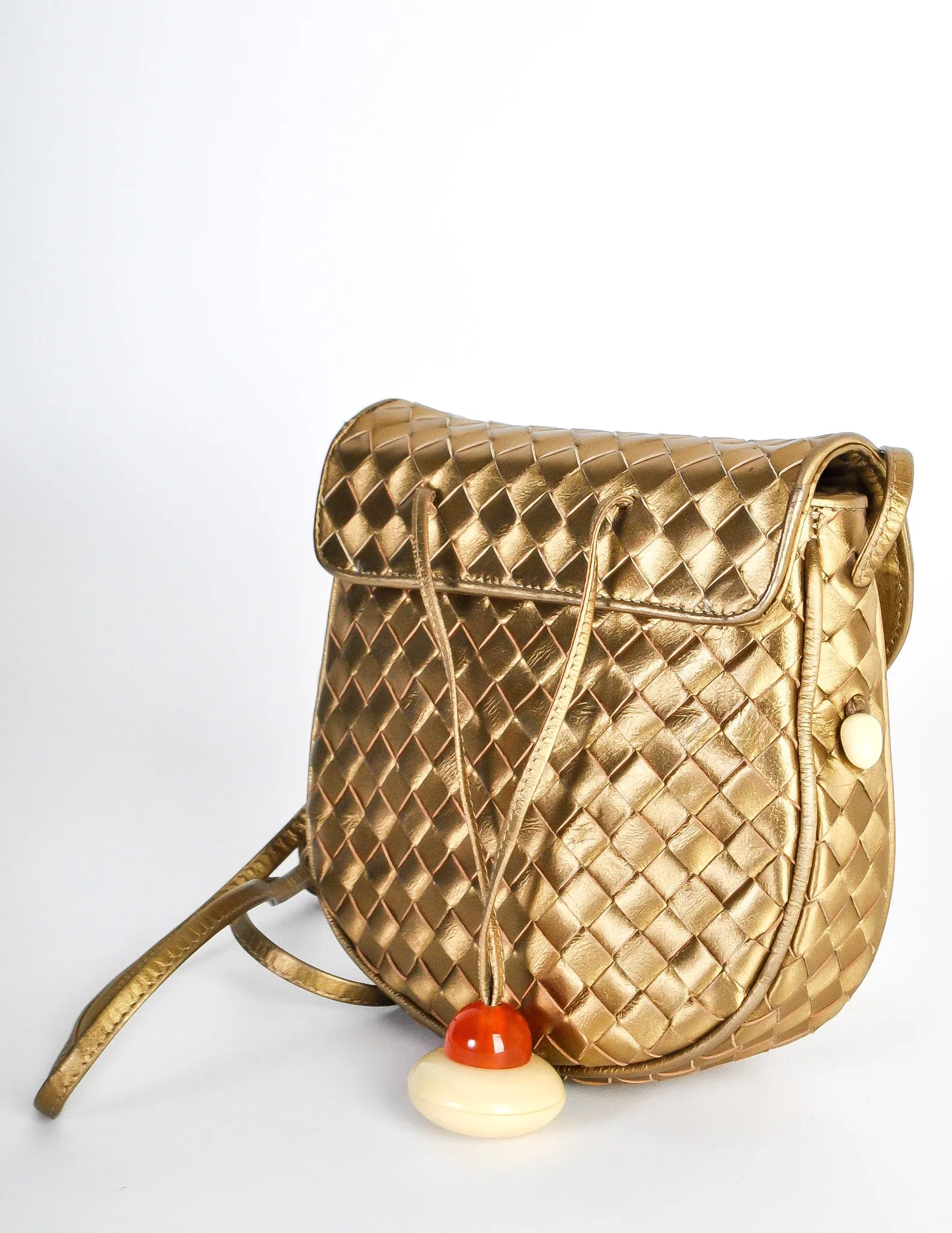 Bottega Veneta Vintage Intrecciato Gold Woven Leather Crossbody Bag