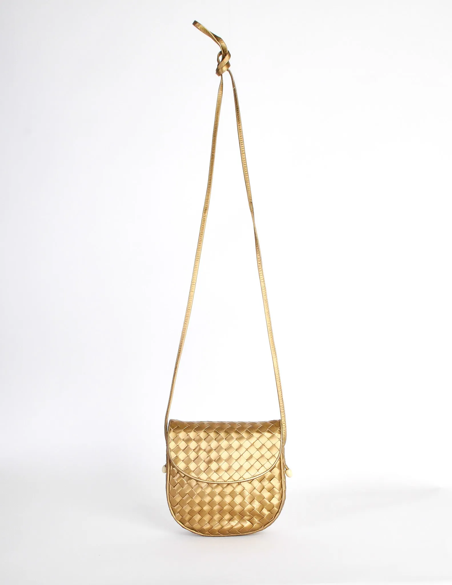 Bottega Veneta Vintage Intrecciato Gold Woven Leather Crossbody Bag