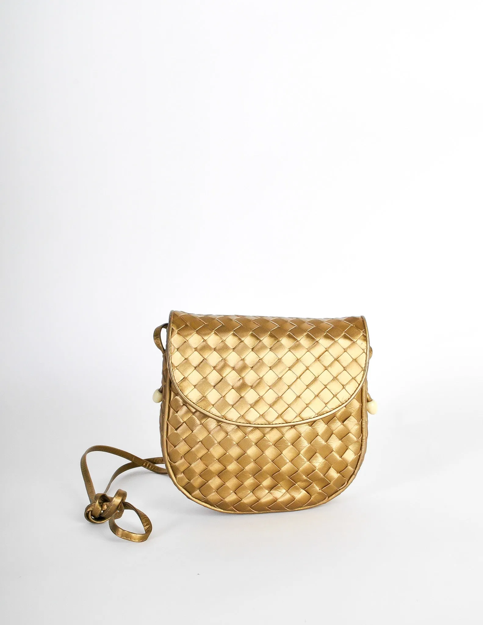 Bottega Veneta Vintage Intrecciato Gold Woven Leather Crossbody Bag