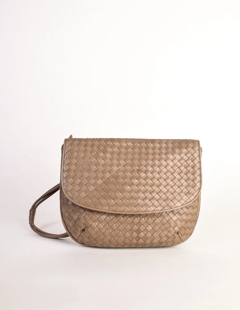 Bottega Veneta Vintage Intrecciato Mushroom Brown Woven Leather Shoulder Bag