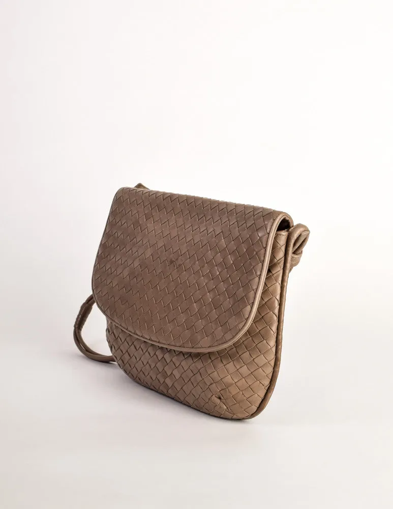 Bottega Veneta Vintage Intrecciato Mushroom Brown Woven Leather Shoulder Bag