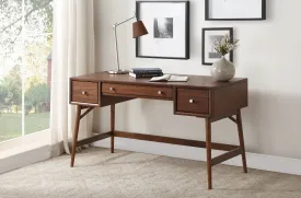 Brown Finish Stylish Writing Desk Storage Drawers Nickel Knob Hardware Walnut Veneer Wood Furniture