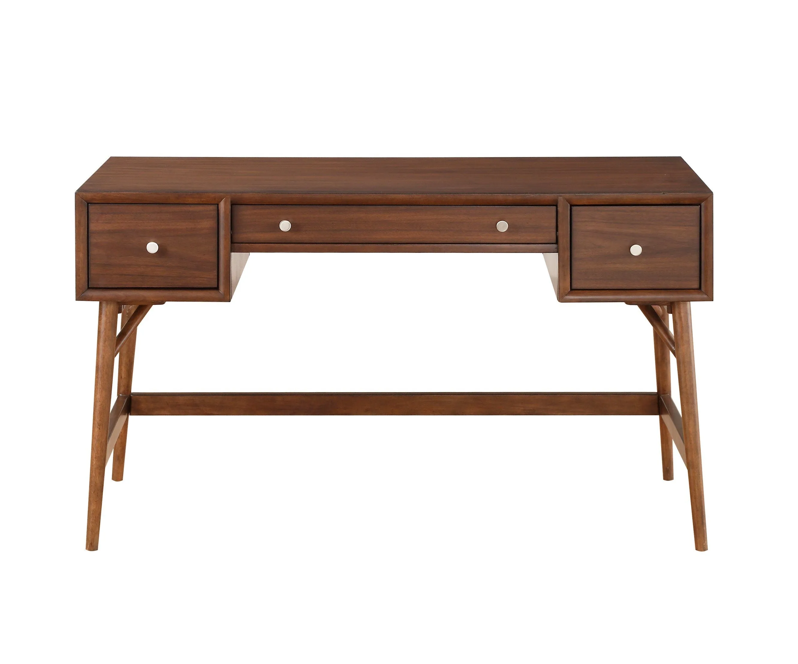 Brown Finish Stylish Writing Desk Storage Drawers Nickel Knob Hardware Walnut Veneer Wood Furniture