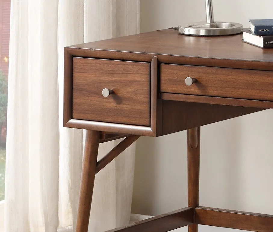 Brown Finish Stylish Writing Desk Storage Drawers Nickel Knob Hardware Walnut Veneer Wood Furniture