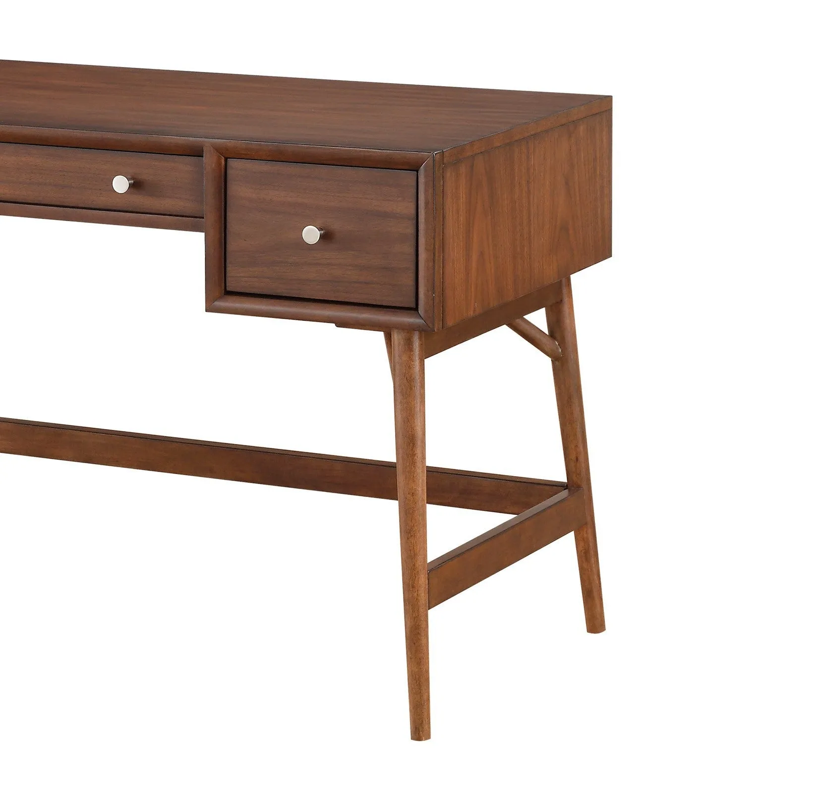 Brown Finish Stylish Writing Desk Storage Drawers Nickel Knob Hardware Walnut Veneer Wood Furniture