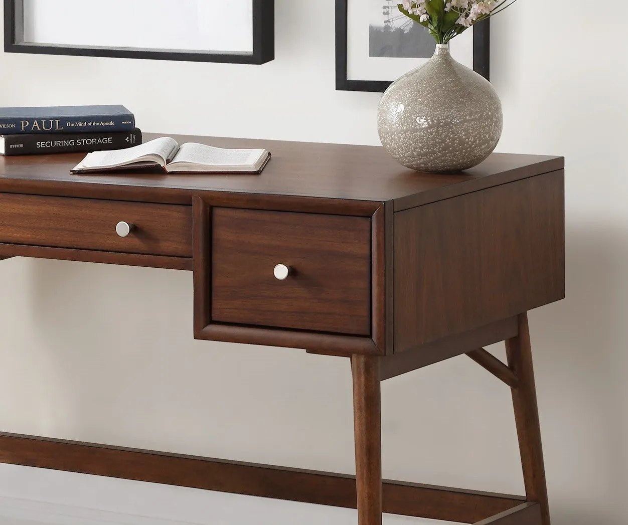 Brown Finish Stylish Writing Desk Storage Drawers Nickel Knob Hardware Walnut Veneer Wood Furniture