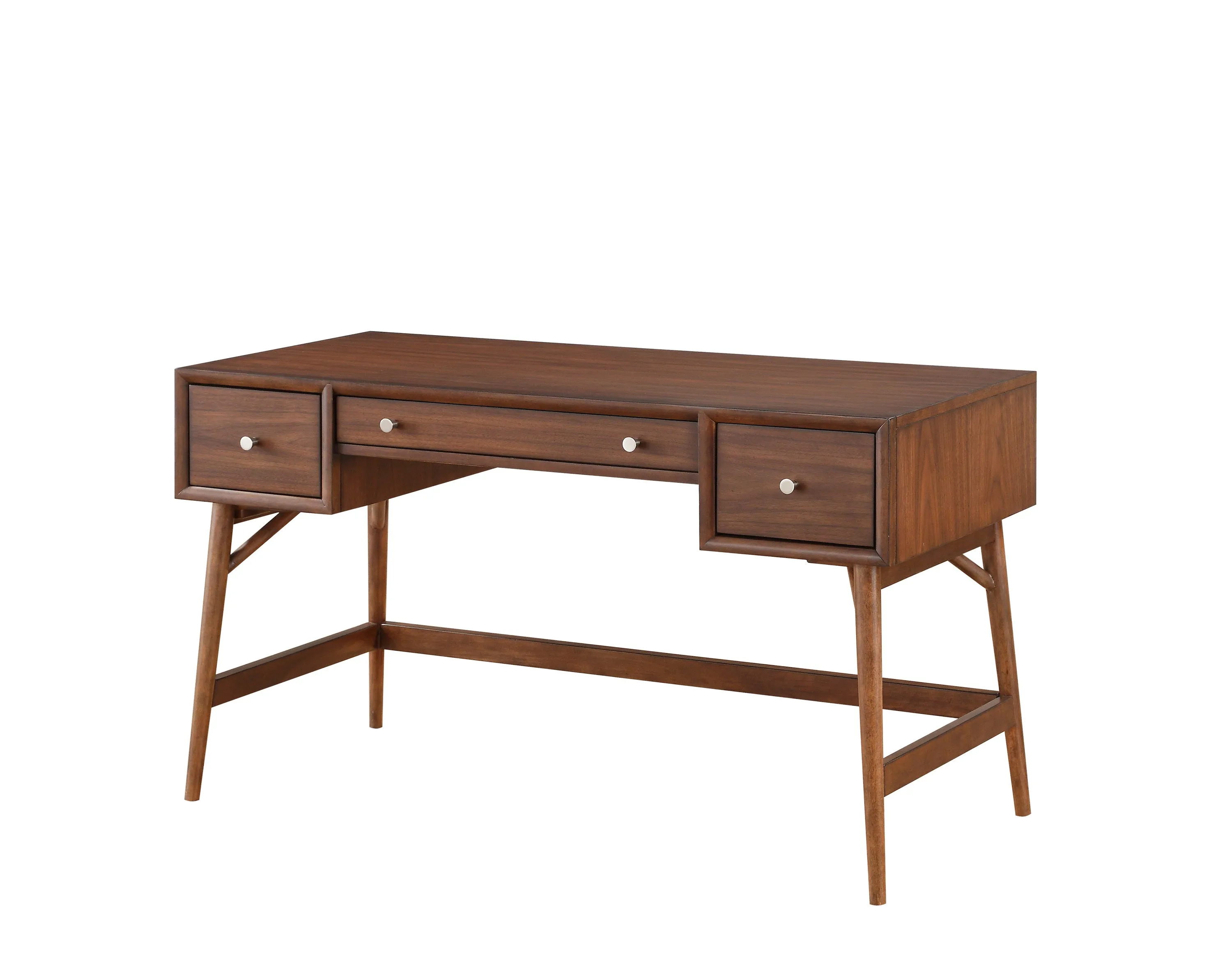 Brown Finish Stylish Writing Desk Storage Drawers Nickel Knob Hardware Walnut Veneer Wood Furniture