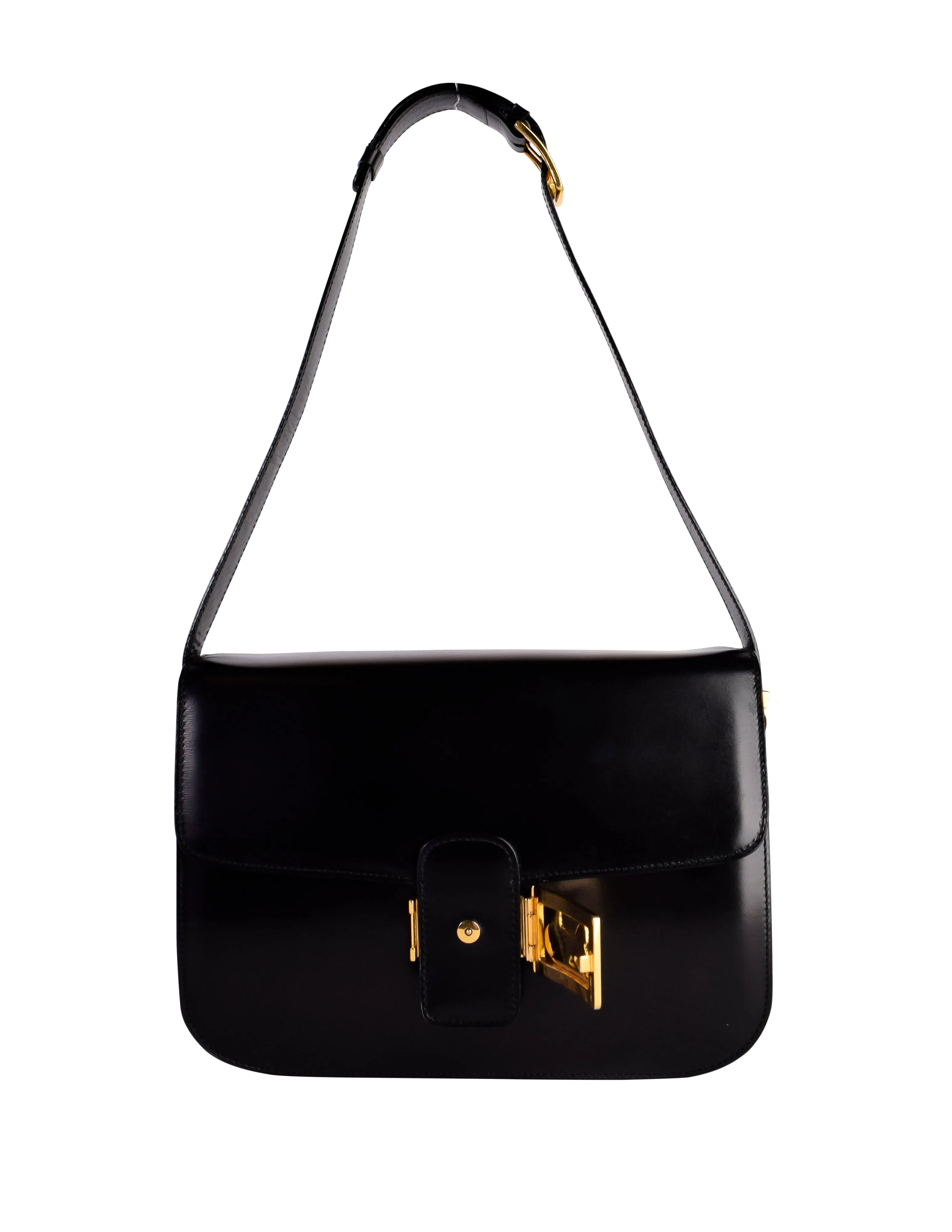 Celine Vintage Black Leather Gold Carriage Logo Flap Shoulder Bag