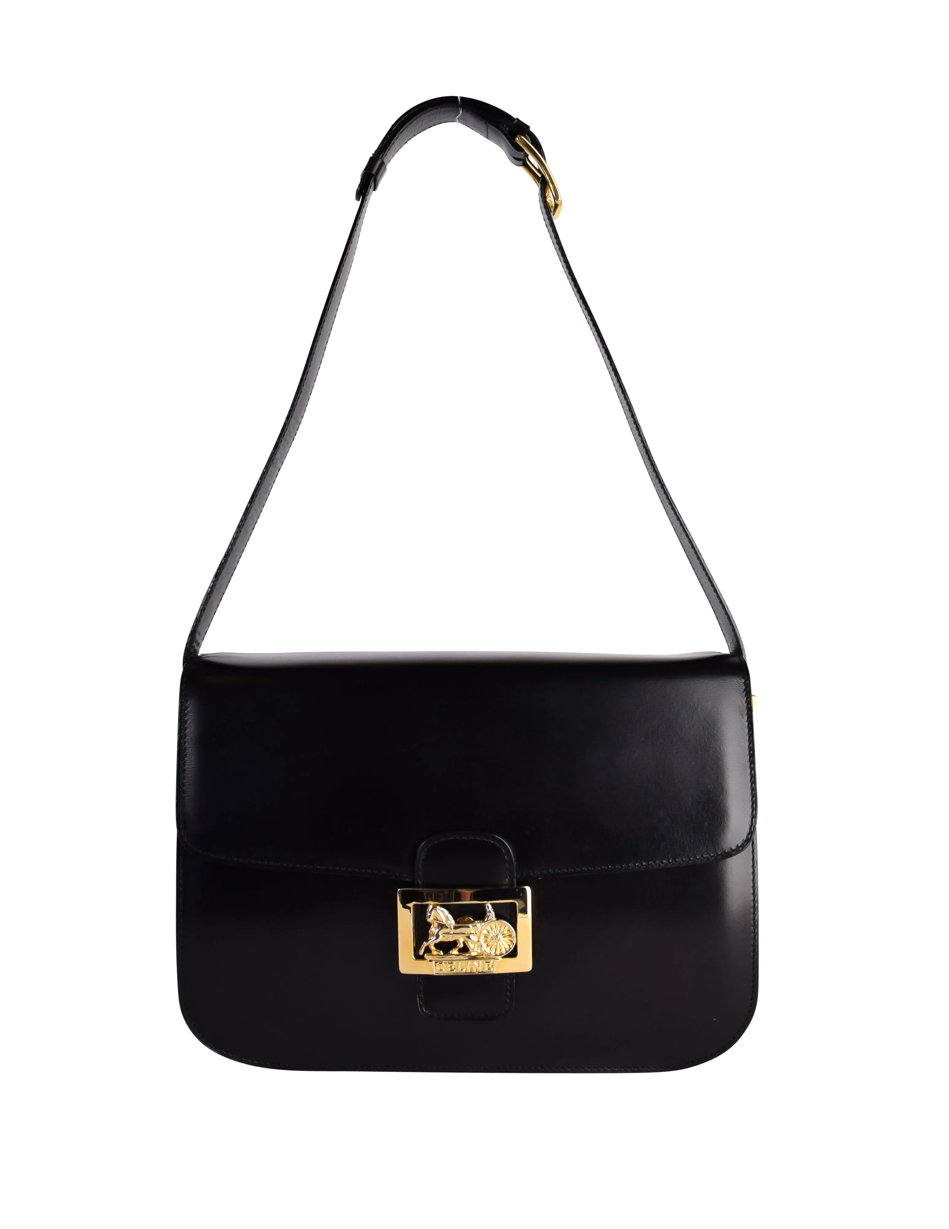 Celine Vintage Black Leather Gold Carriage Logo Flap Shoulder Bag