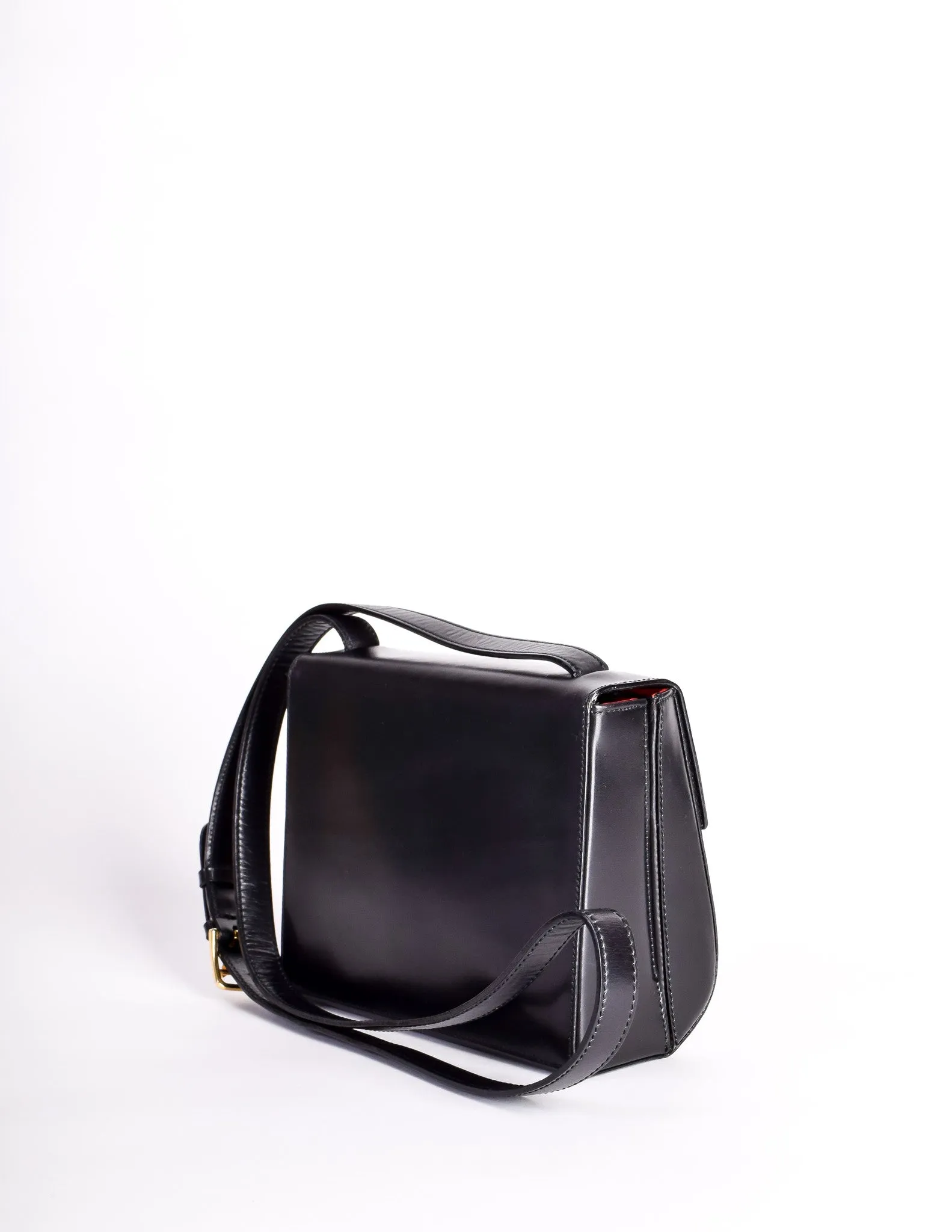 Celine Vintage Gold Circle Black Leather Structured Shoulder Bag