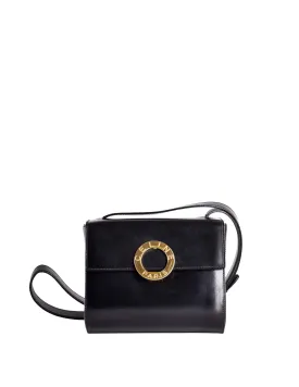 Celine Vintage Gold Circle Black Leather Structured Shoulder Bag