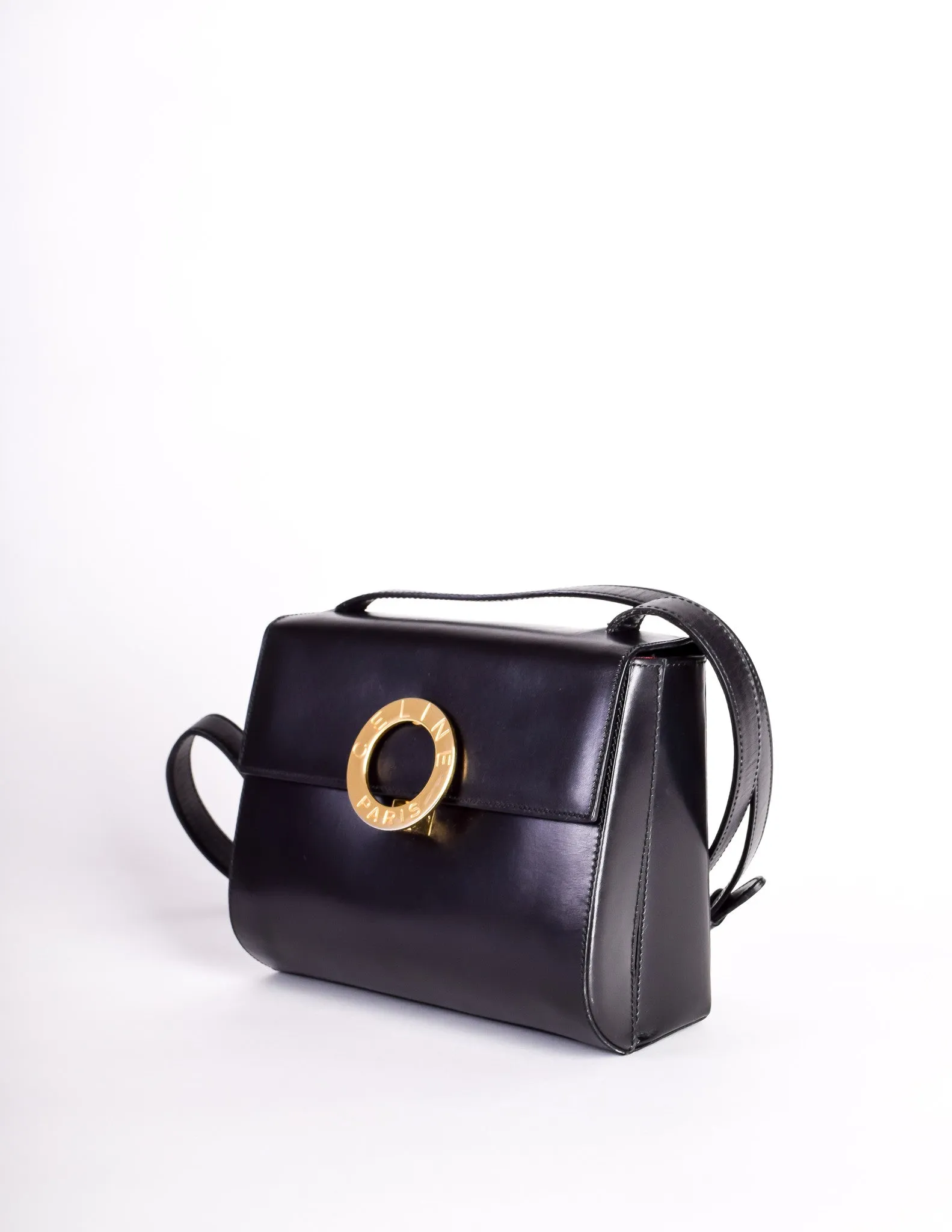 Celine Vintage Gold Circle Black Leather Structured Shoulder Bag