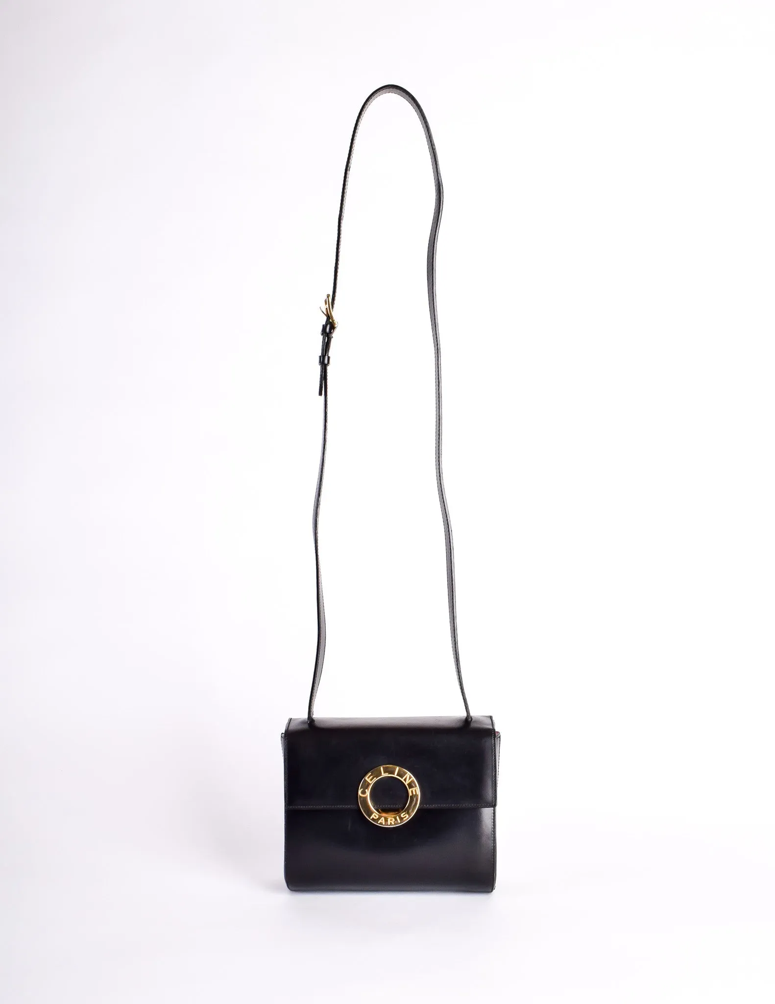 Celine Vintage Gold Circle Black Leather Structured Shoulder Bag