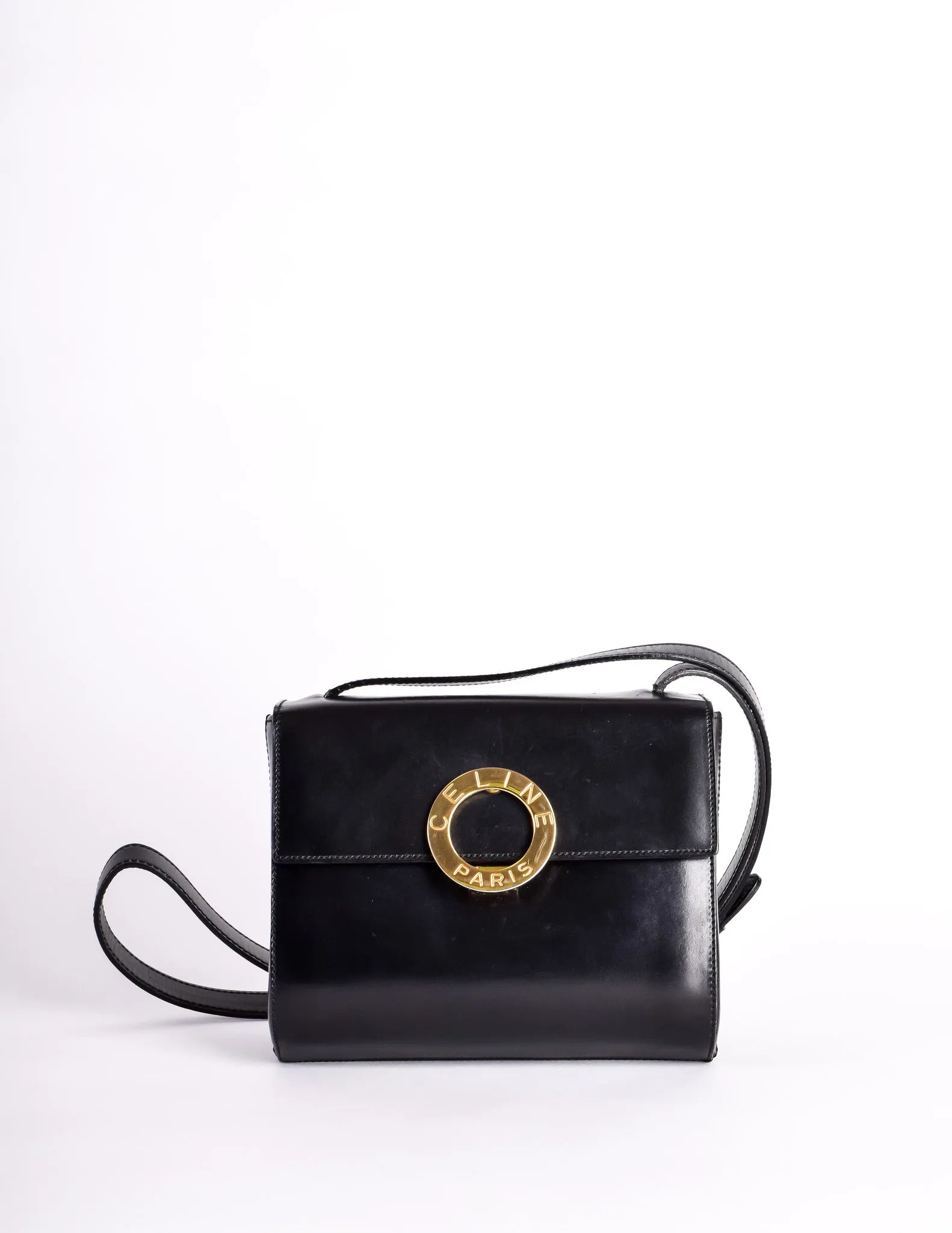 Celine Vintage Gold Circle Black Leather Structured Shoulder Bag