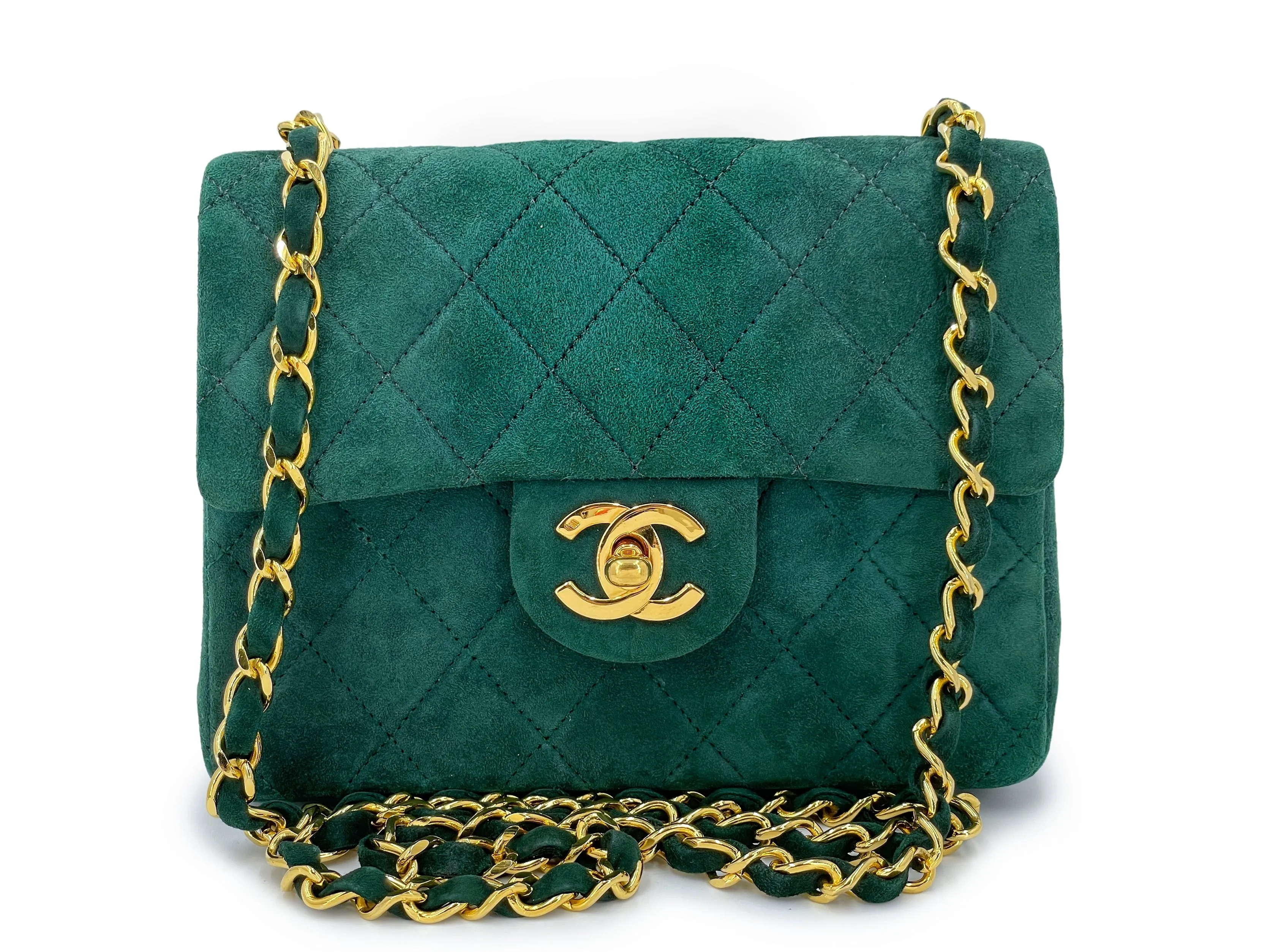 Chanel 1989 Vintage Emerald Green Suede Square Mini Flap Bag 24k GHW