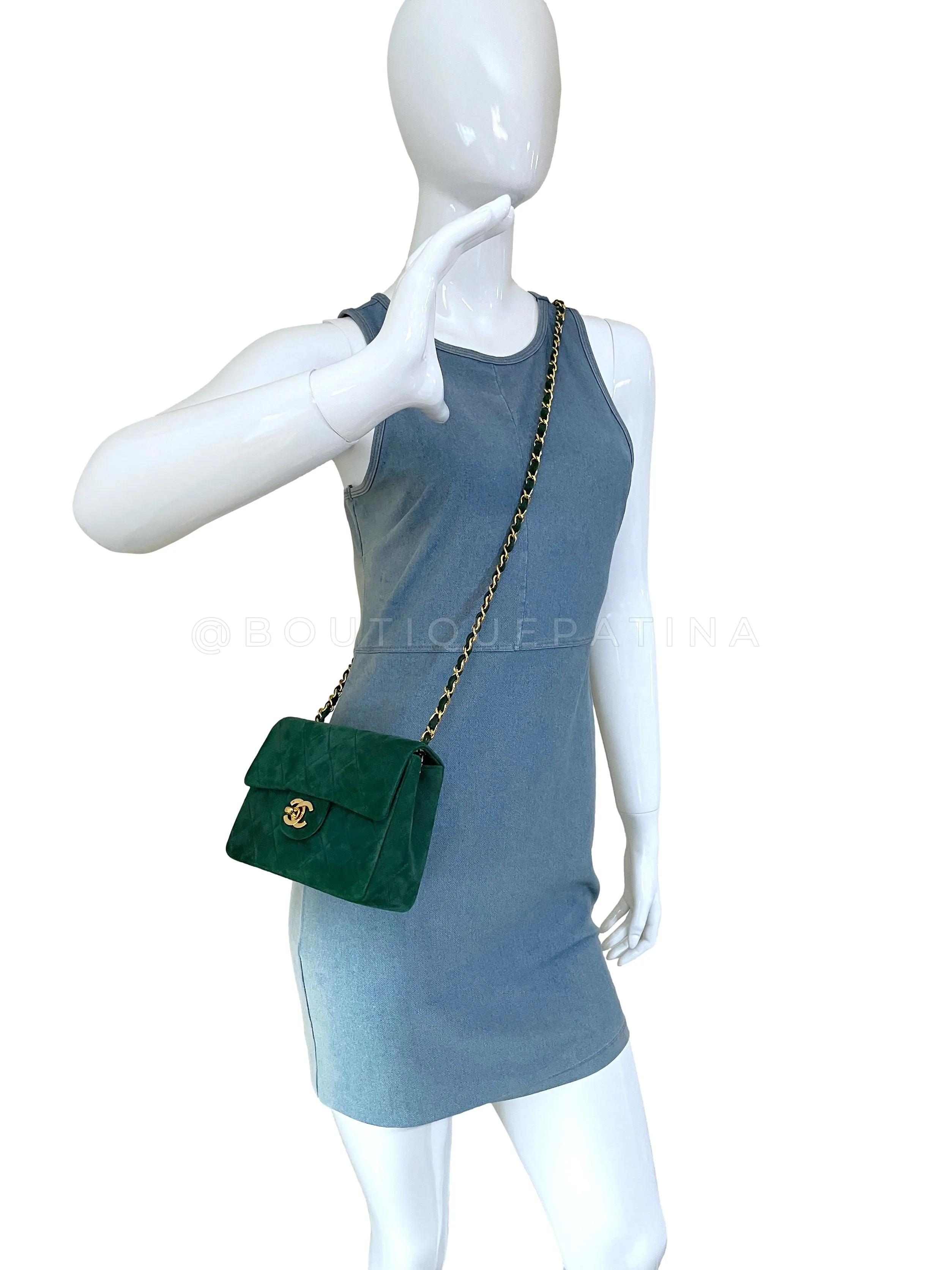 Chanel 1989 Vintage Emerald Green Suede Square Mini Flap Bag 24k GHW