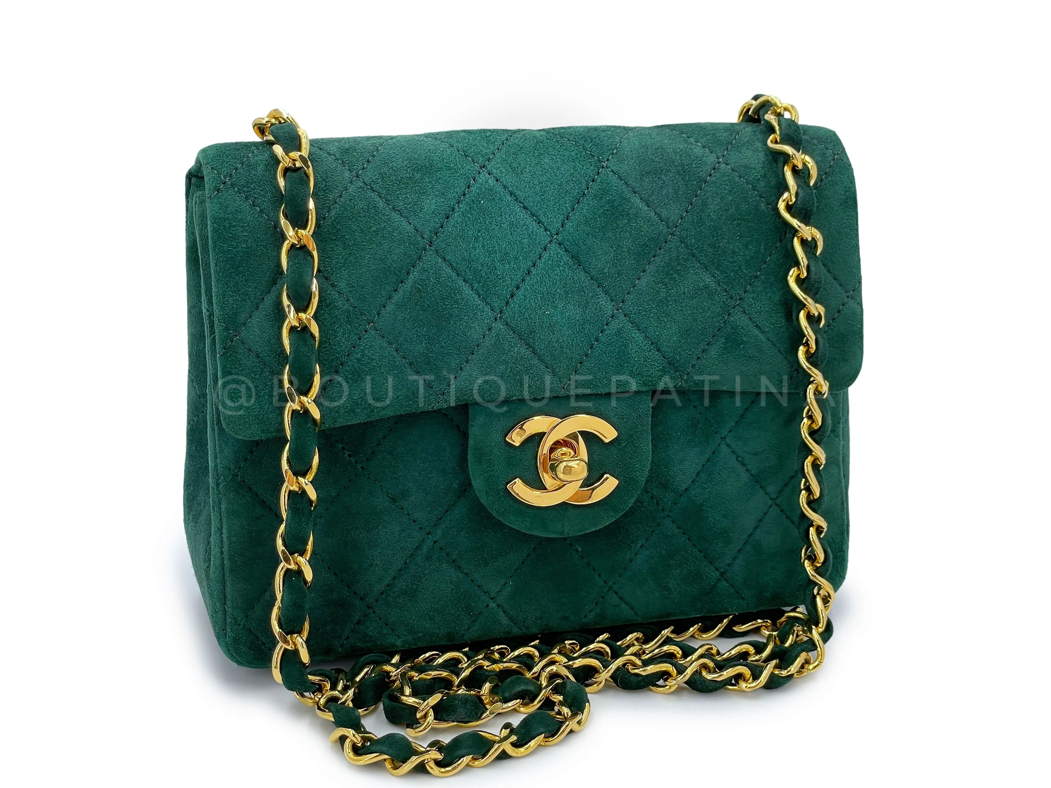 Chanel 1989 Vintage Emerald Green Suede Square Mini Flap Bag 24k GHW