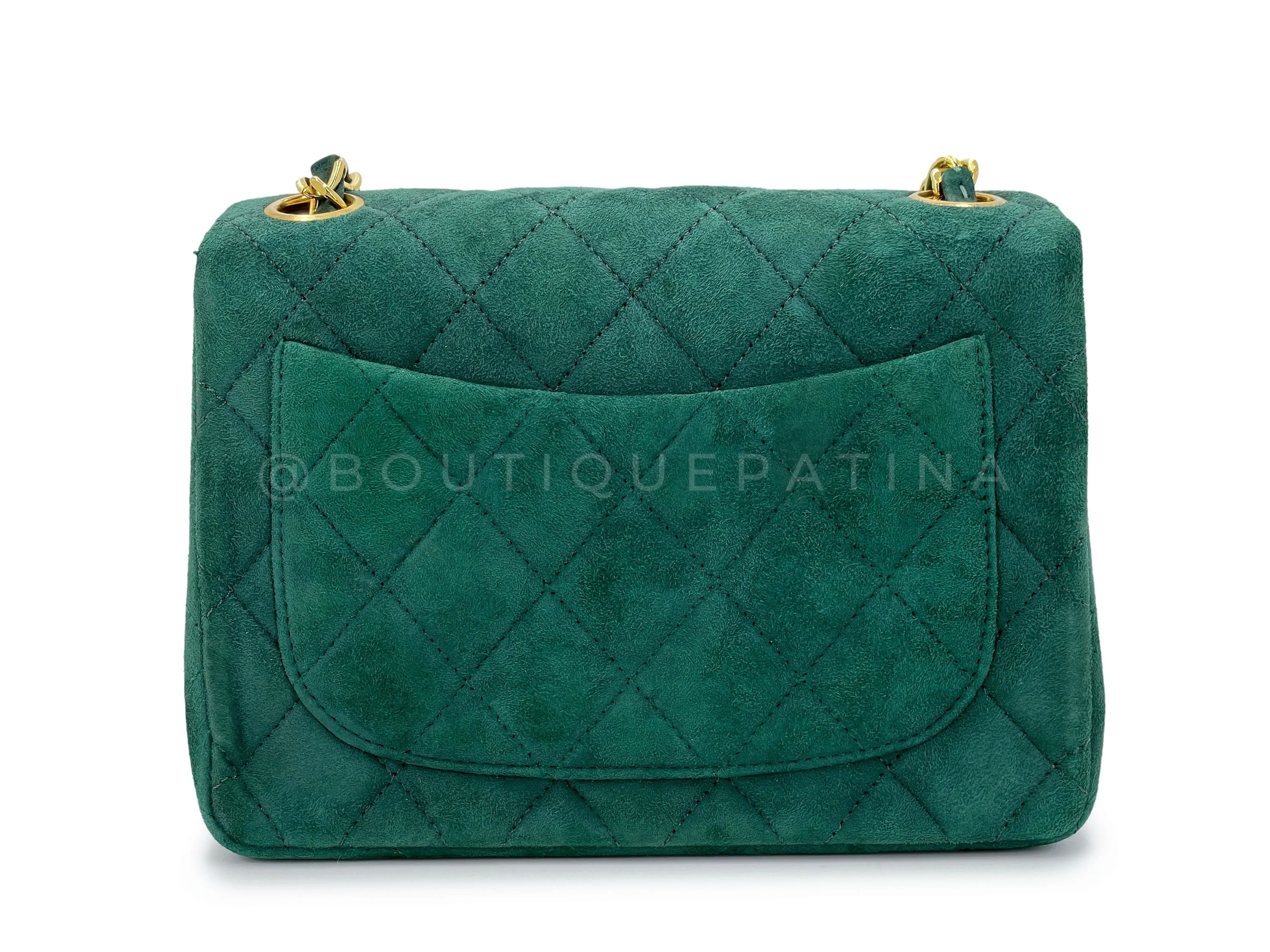 Chanel 1989 Vintage Emerald Green Suede Square Mini Flap Bag 24k GHW