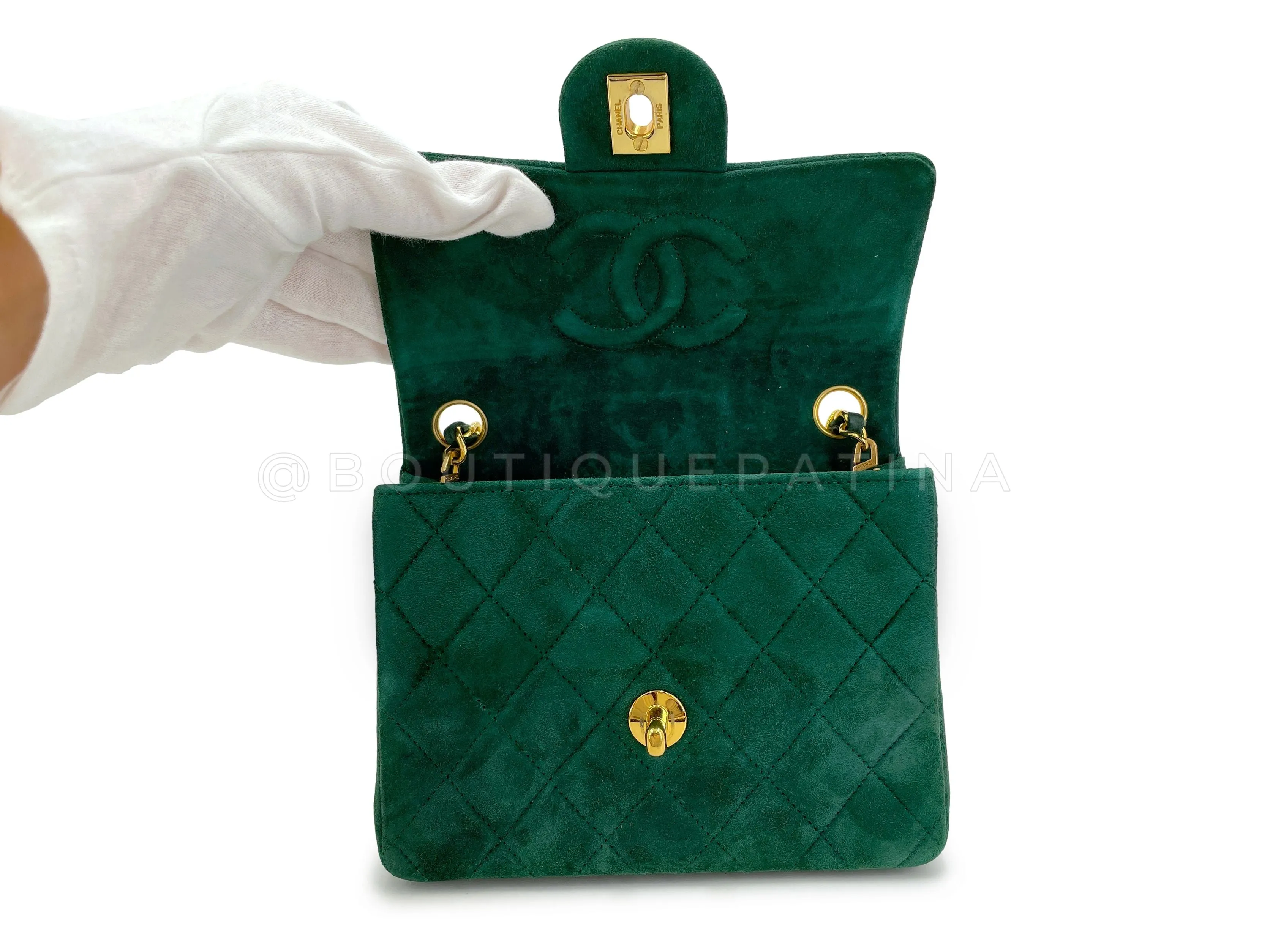 Chanel 1989 Vintage Emerald Green Suede Square Mini Flap Bag 24k GHW