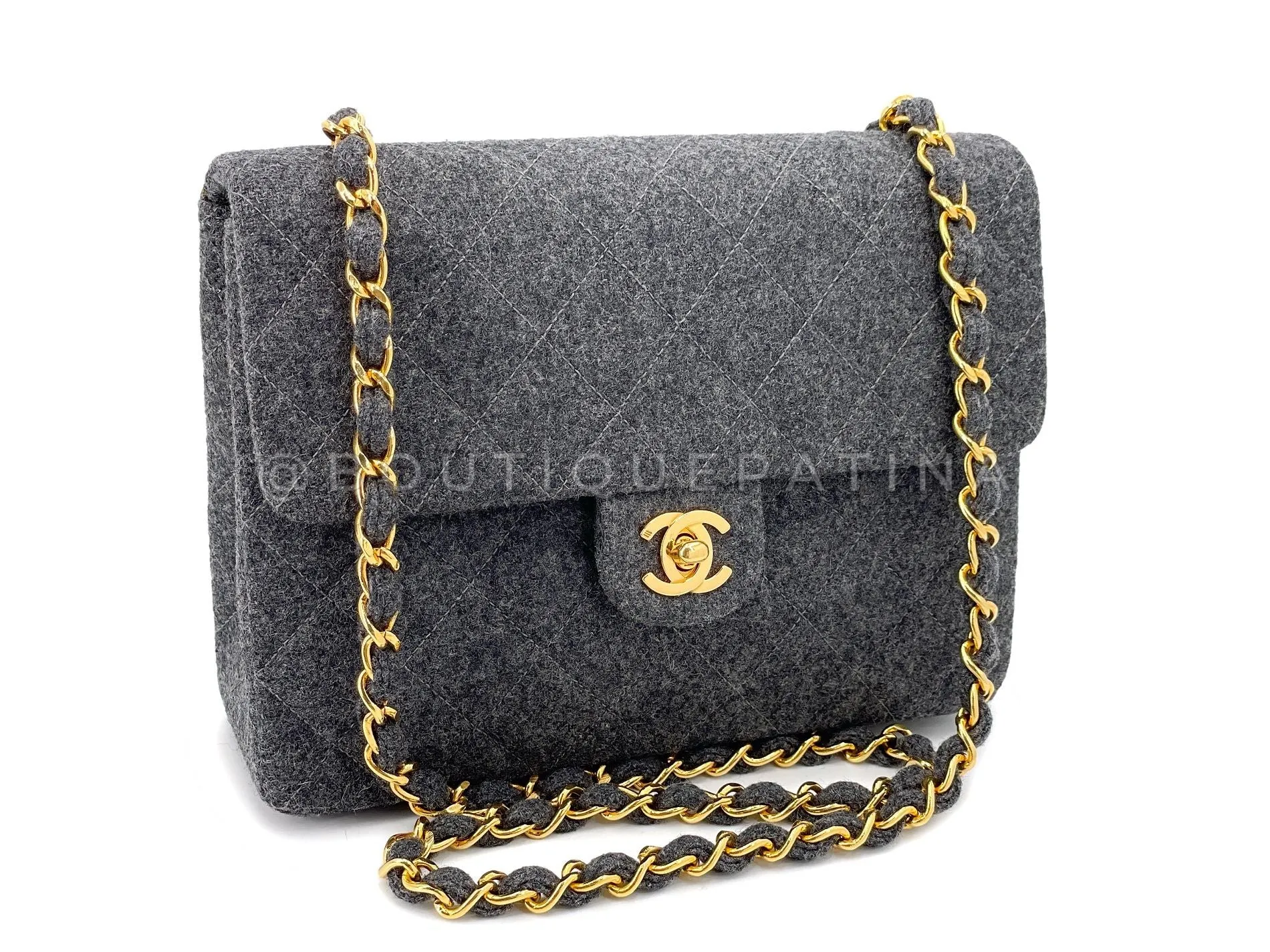 Chanel 1991 Vintage Charcoal Gray Quilted Wool 20cm Mini Flap Bag 24k GHW UU4