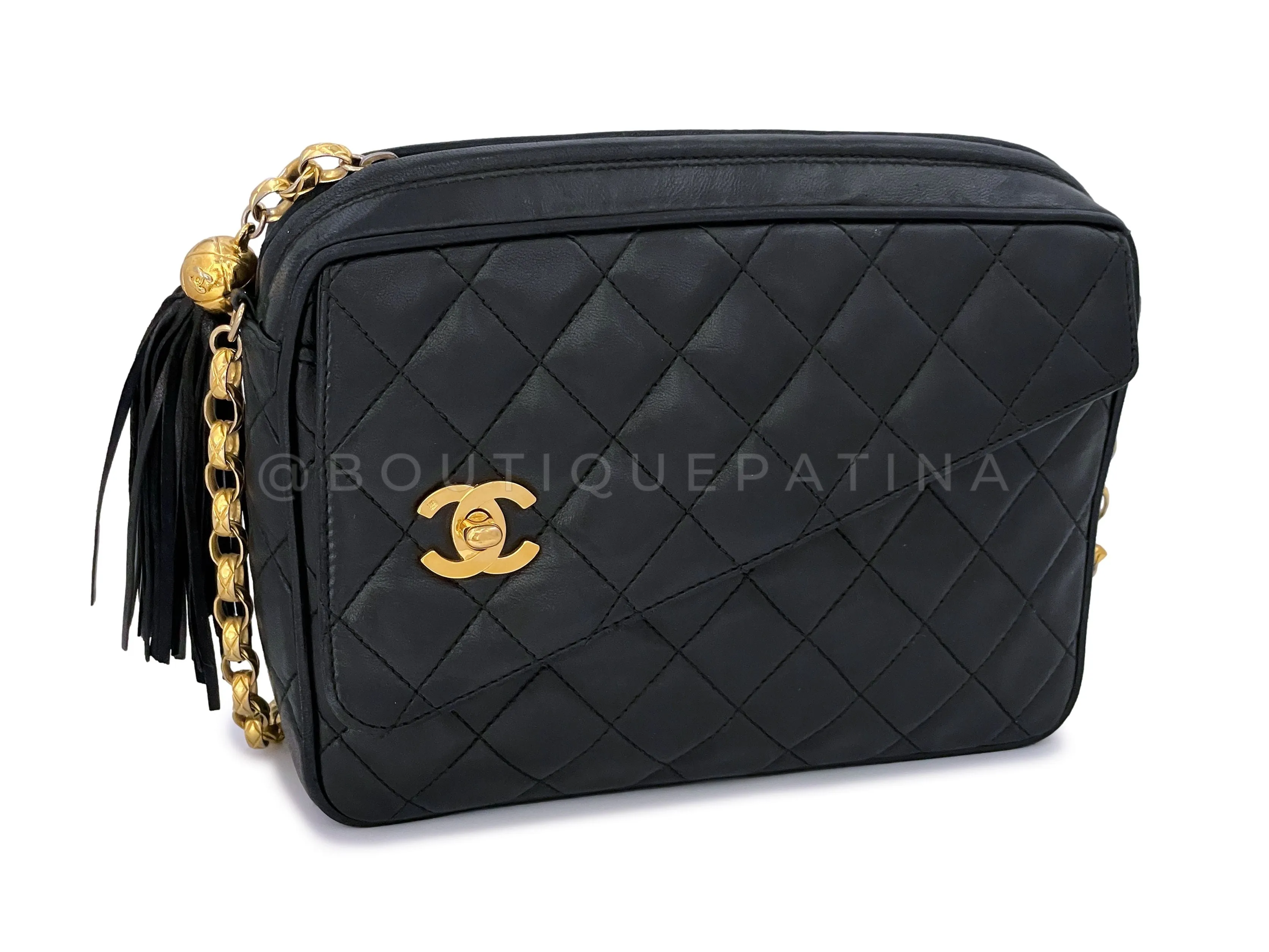 Chanel 1992 Vintage Black Quilted Flap Camera Case Bag Bijoux Chain 24k GHW