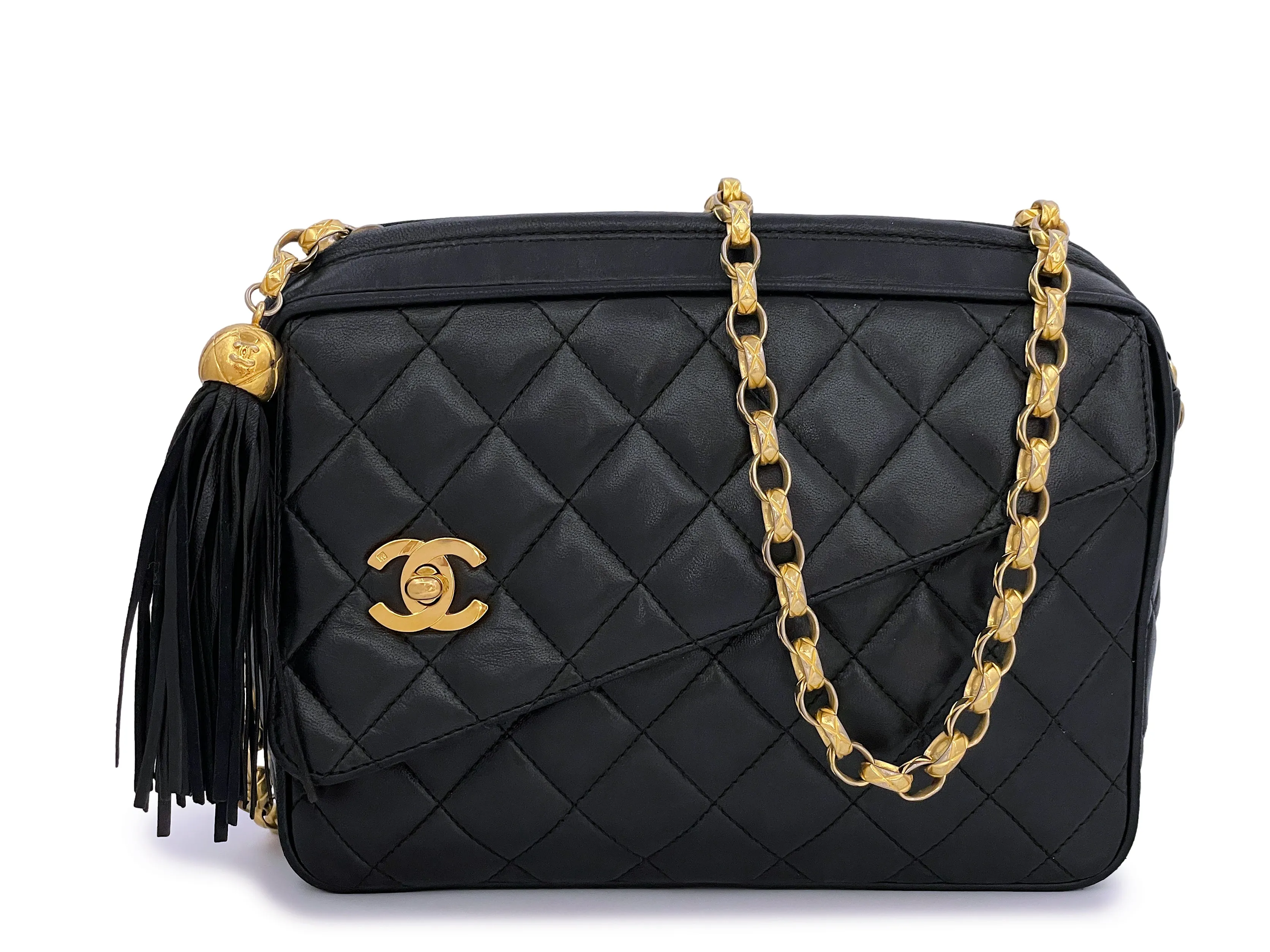 Chanel 1992 Vintage Black Quilted Flap Camera Case Bag Bijoux Chain 24k GHW