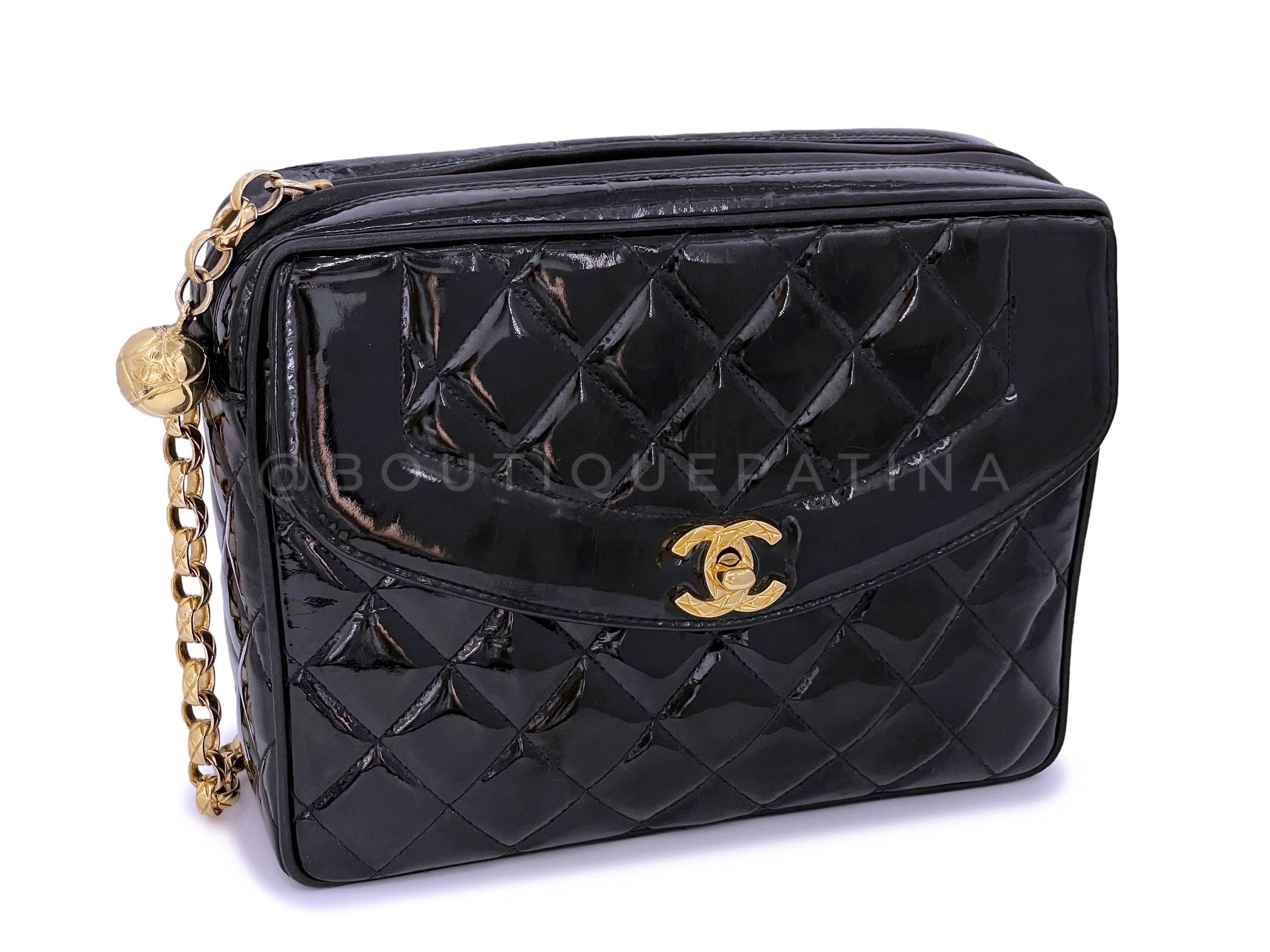 Chanel 1993 Vintage Black Patent Flap Camera Case Bag Bijoux Chain 24k GHW