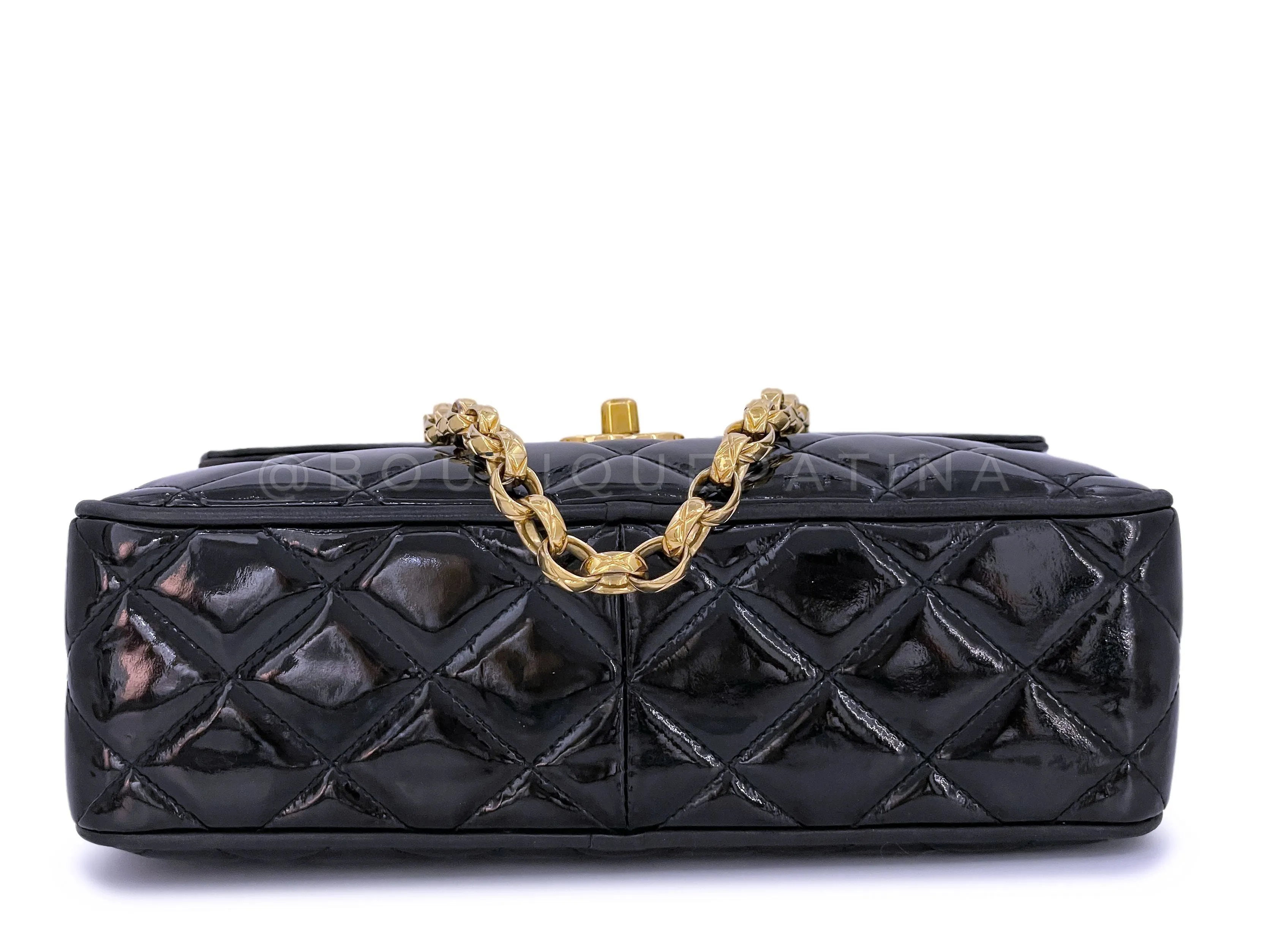 Chanel 1993 Vintage Black Patent Flap Camera Case Bag Bijoux Chain 24k GHW