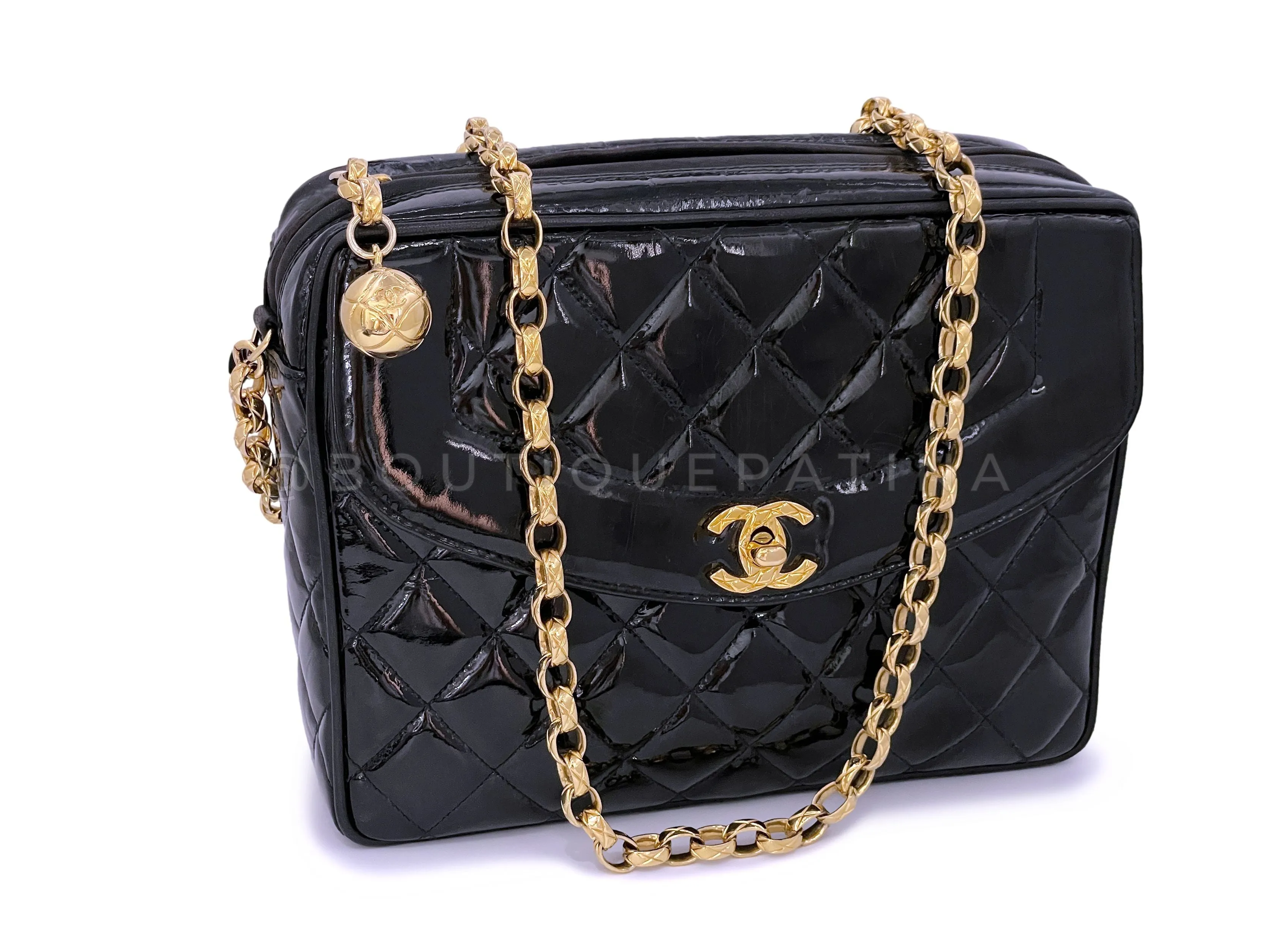 Chanel 1993 Vintage Black Patent Flap Camera Case Bag Bijoux Chain 24k GHW