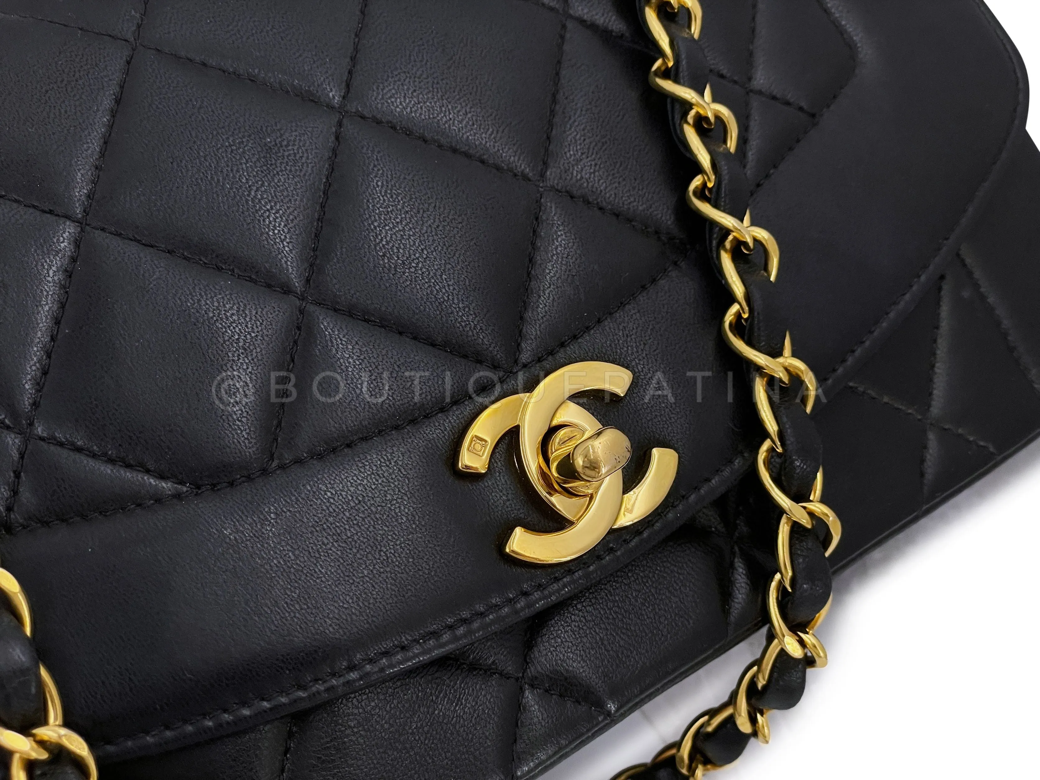 Chanel 1993 Vintage Black Small Diana Flap Bag 24k GHW Lambskin