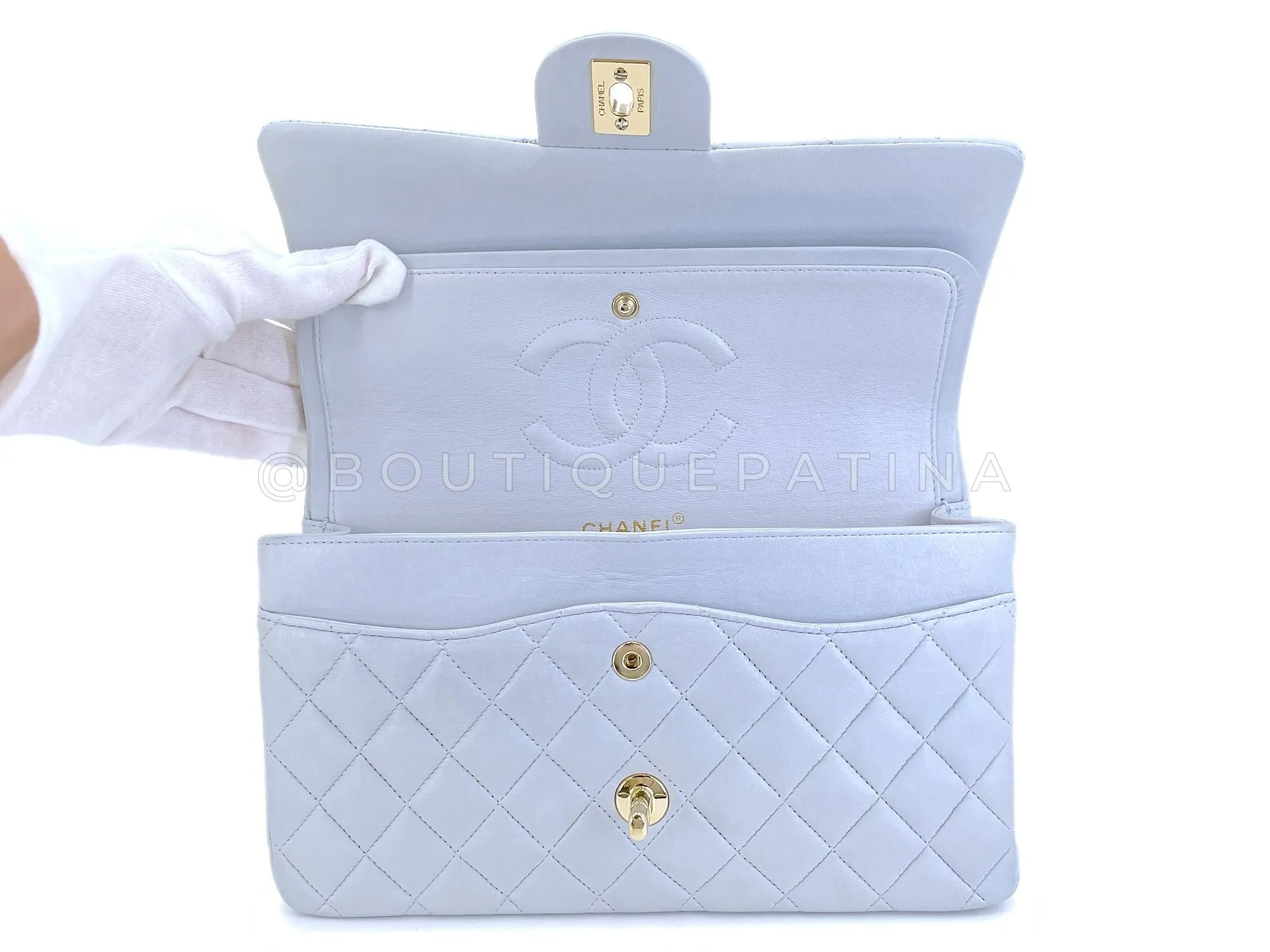 Chanel 2002 Vintage Pale Blue Medium Classic Double Flap Bag 24k GHW Lambskin HSO