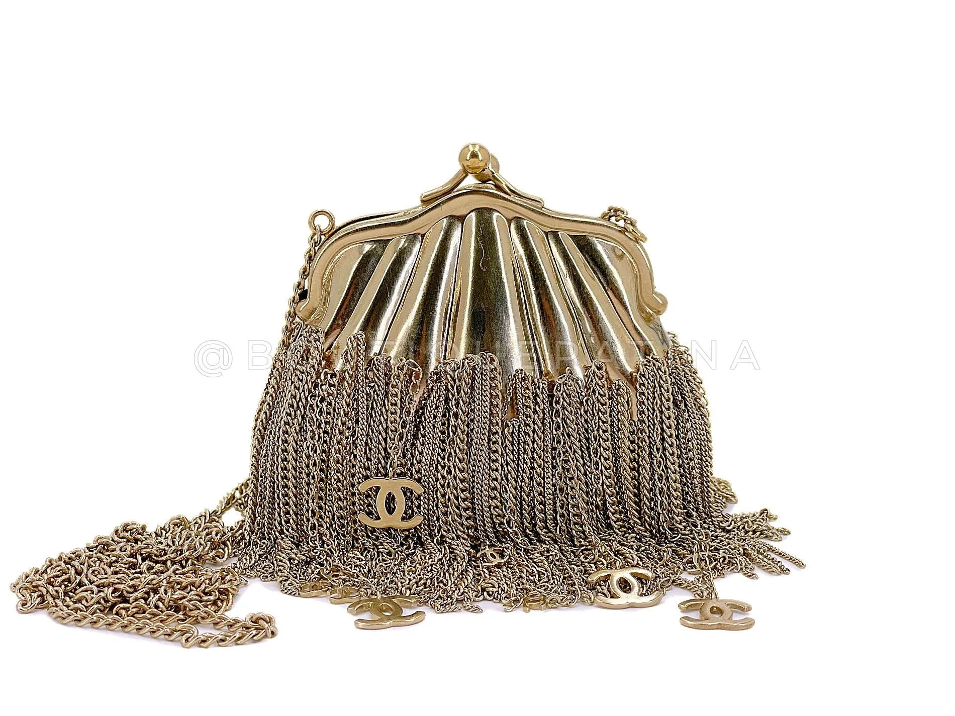 Chanel 2004 Vintage Gold Plated CC Fringe Minaudière Kisslock Clutch Bag 7VI