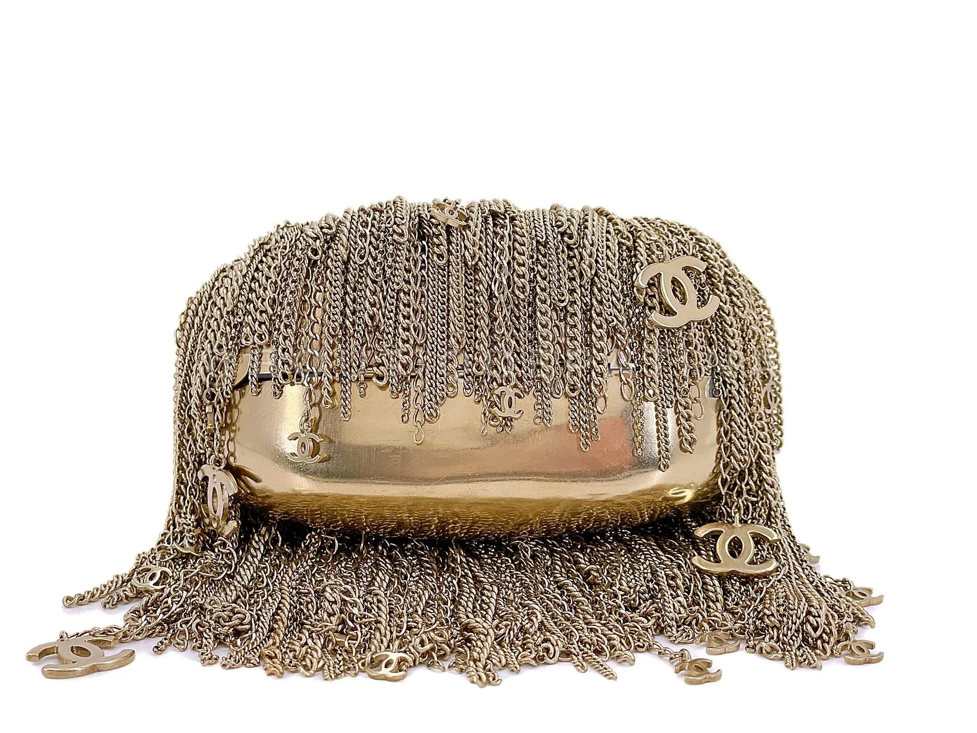 Chanel 2004 Vintage Gold Plated CC Fringe Minaudière Kisslock Clutch Bag 7VI