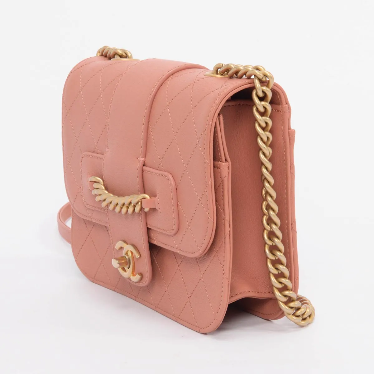 Chanel Pink Quilted Sheepskin Front Chain Flap Bag