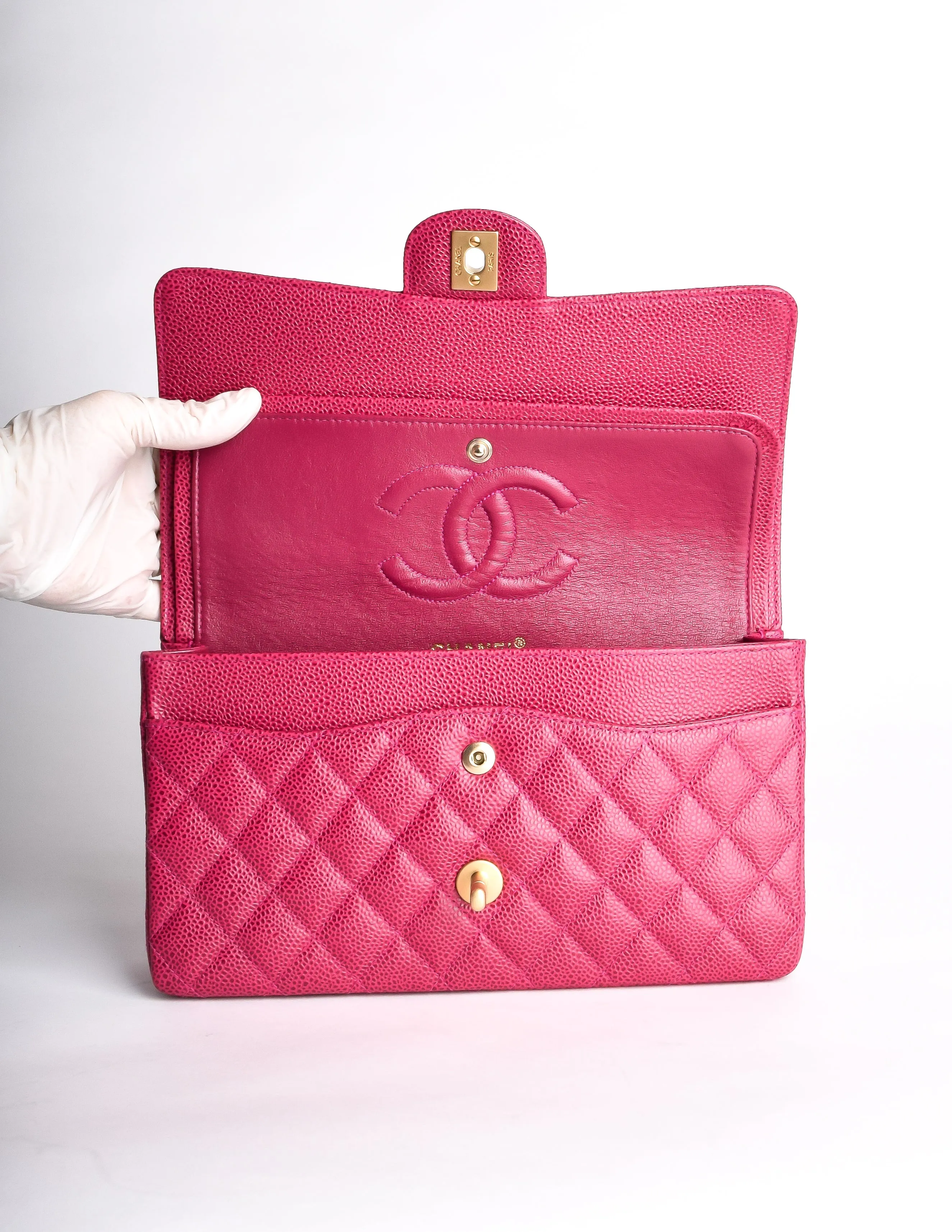 Chanel Vintage Fuchsia Pink Quilted Caviar 2.55 Medium Classic Double Flap Bag