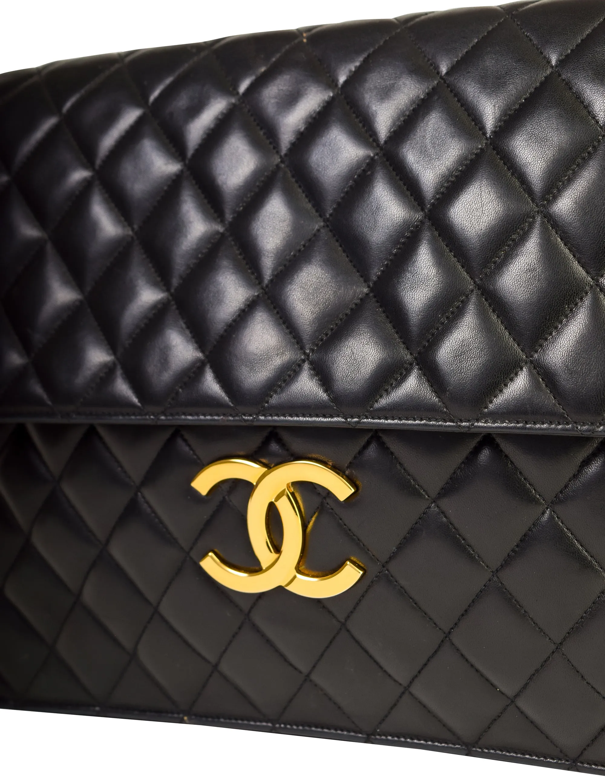 Chanel Vintage Oversized Black Matelasse Quilted Lambskin Leather CC Logo Jumbo Maxi Flap Bag