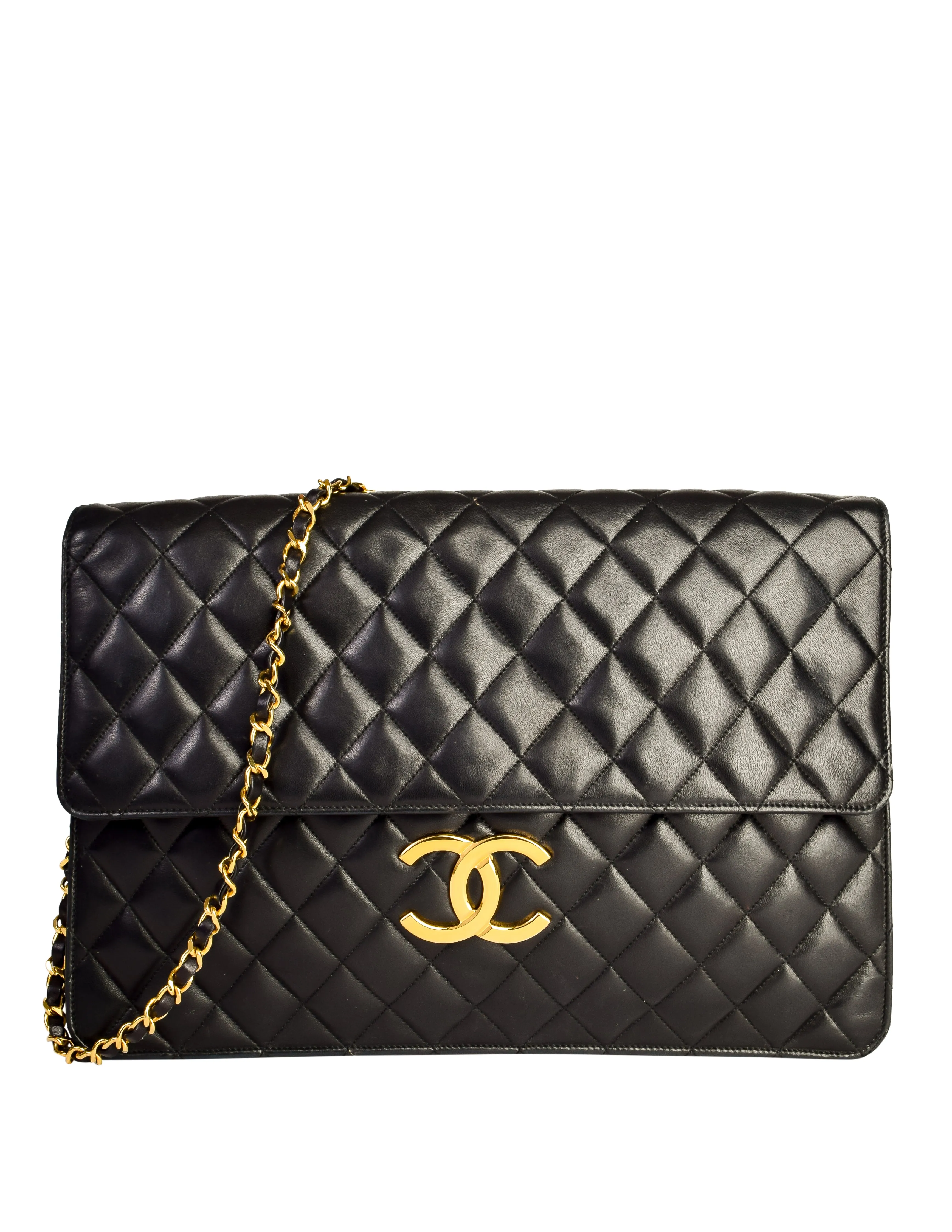 Chanel Vintage Oversized Black Matelasse Quilted Lambskin Leather CC Logo Jumbo Maxi Flap Bag