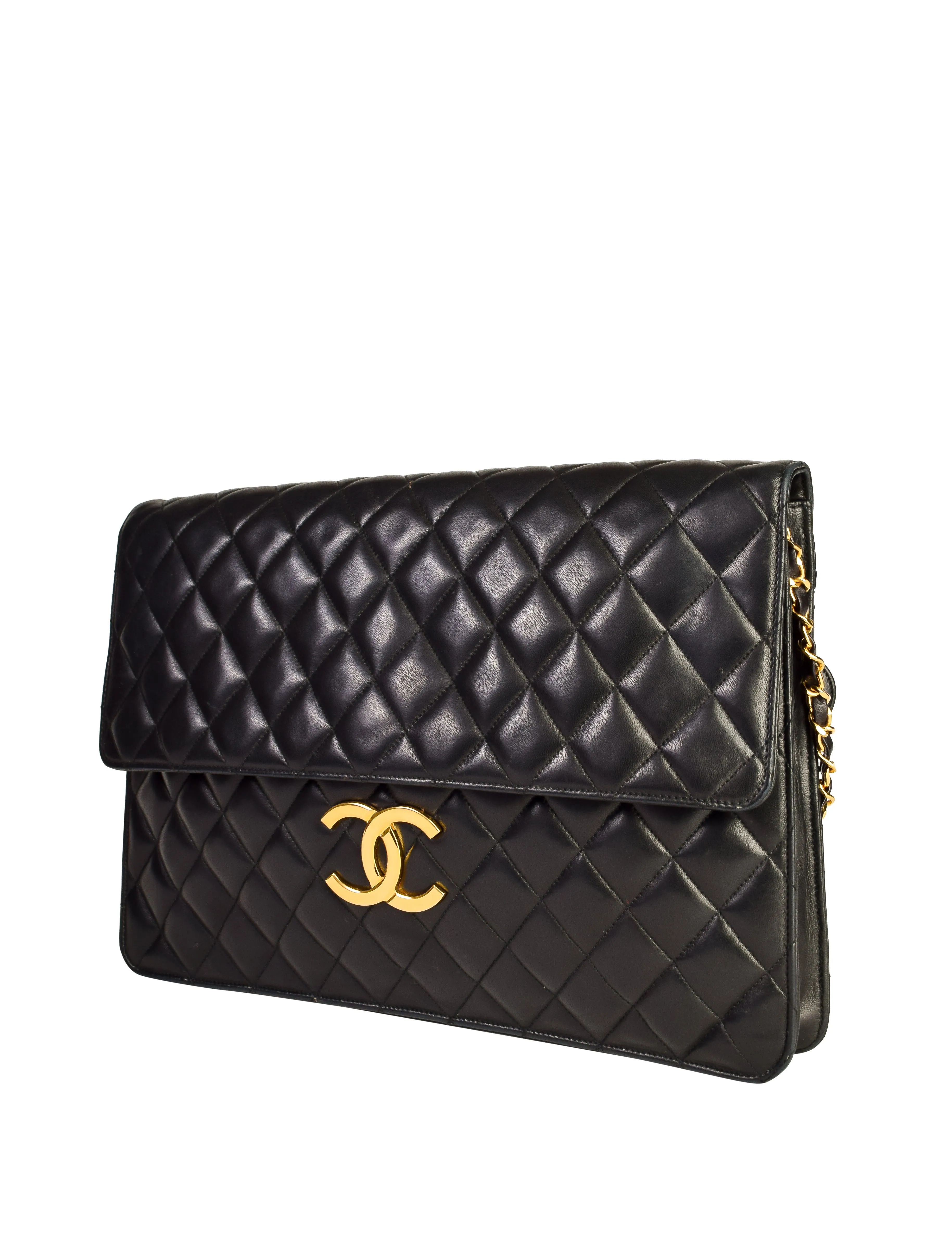 Chanel Vintage Oversized Black Matelasse Quilted Lambskin Leather CC Logo Jumbo Maxi Flap Bag