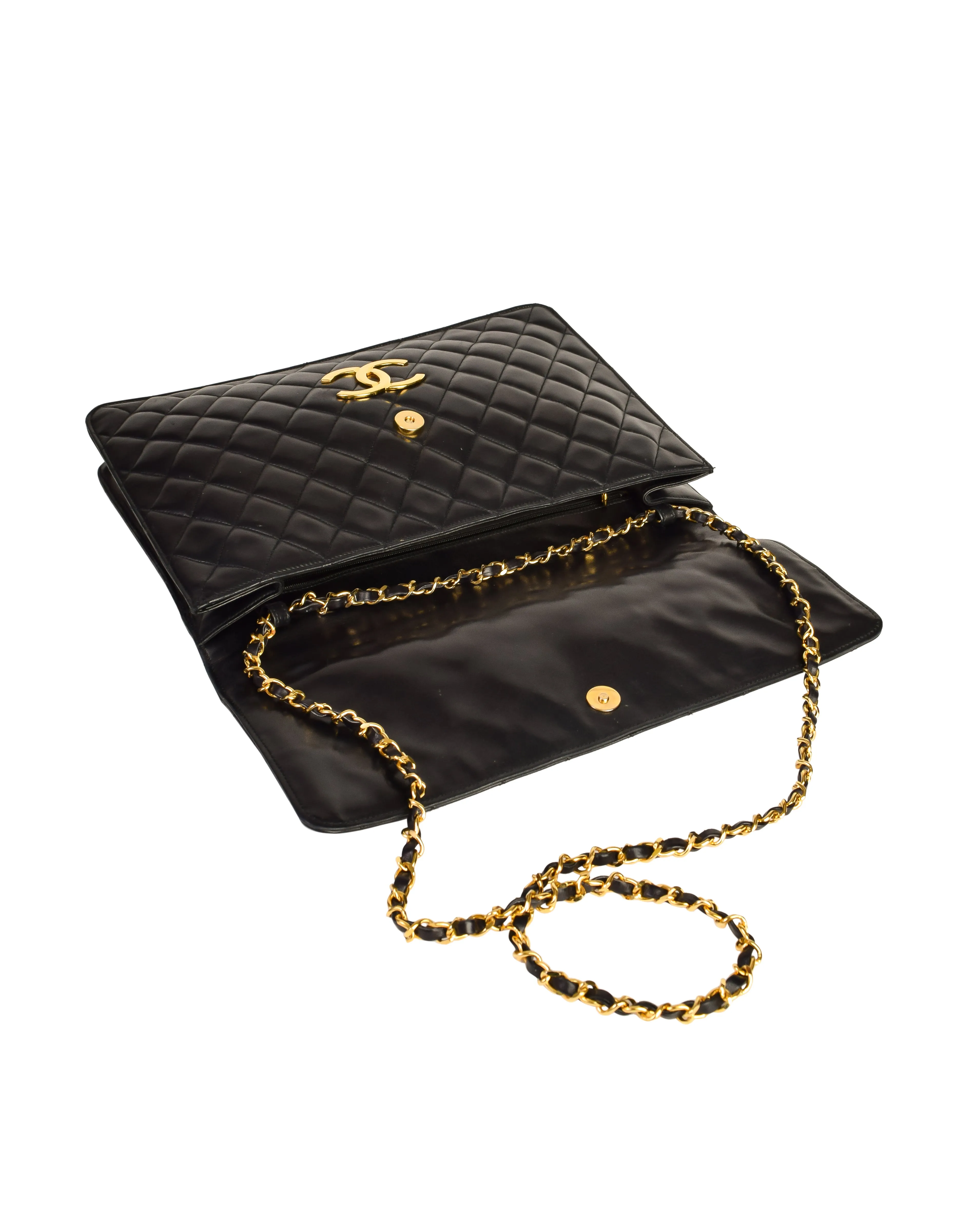 Chanel Vintage Oversized Black Matelasse Quilted Lambskin Leather CC Logo Jumbo Maxi Flap Bag