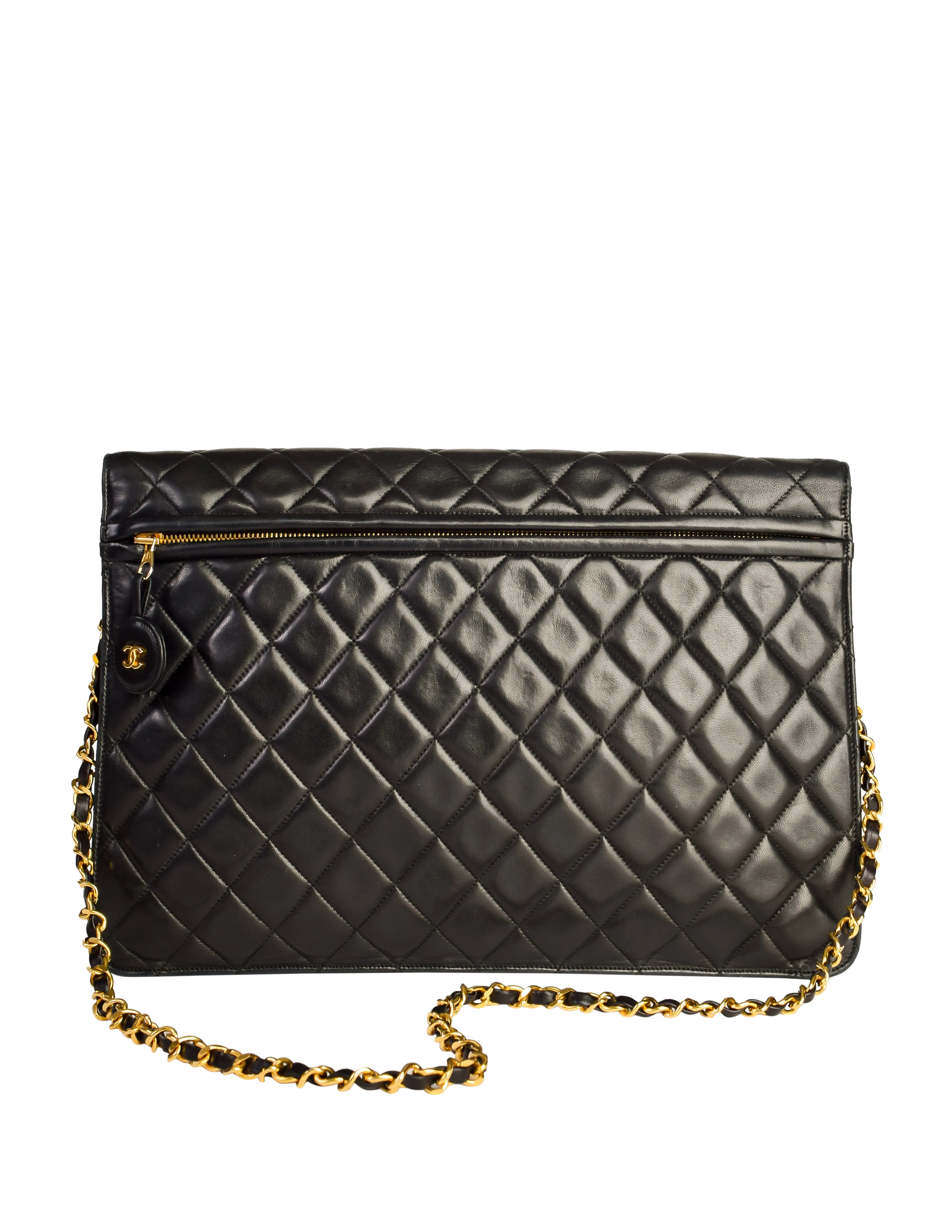 Chanel Vintage Oversized Black Matelasse Quilted Lambskin Leather CC Logo Jumbo Maxi Flap Bag